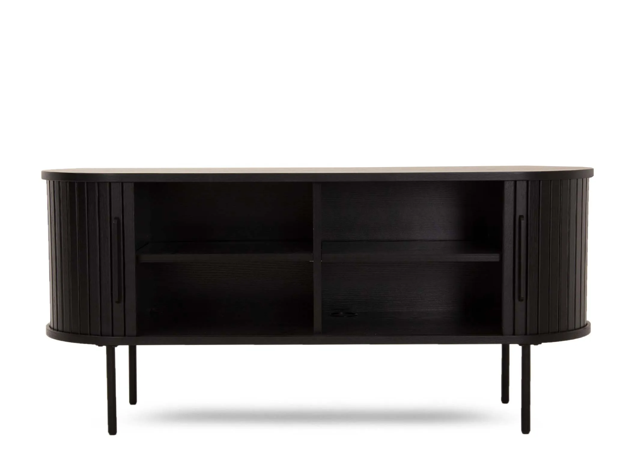A black oak tv unit with a slatted tambour double door from EZ Livings Nola range. Front view of open slatted finish doors