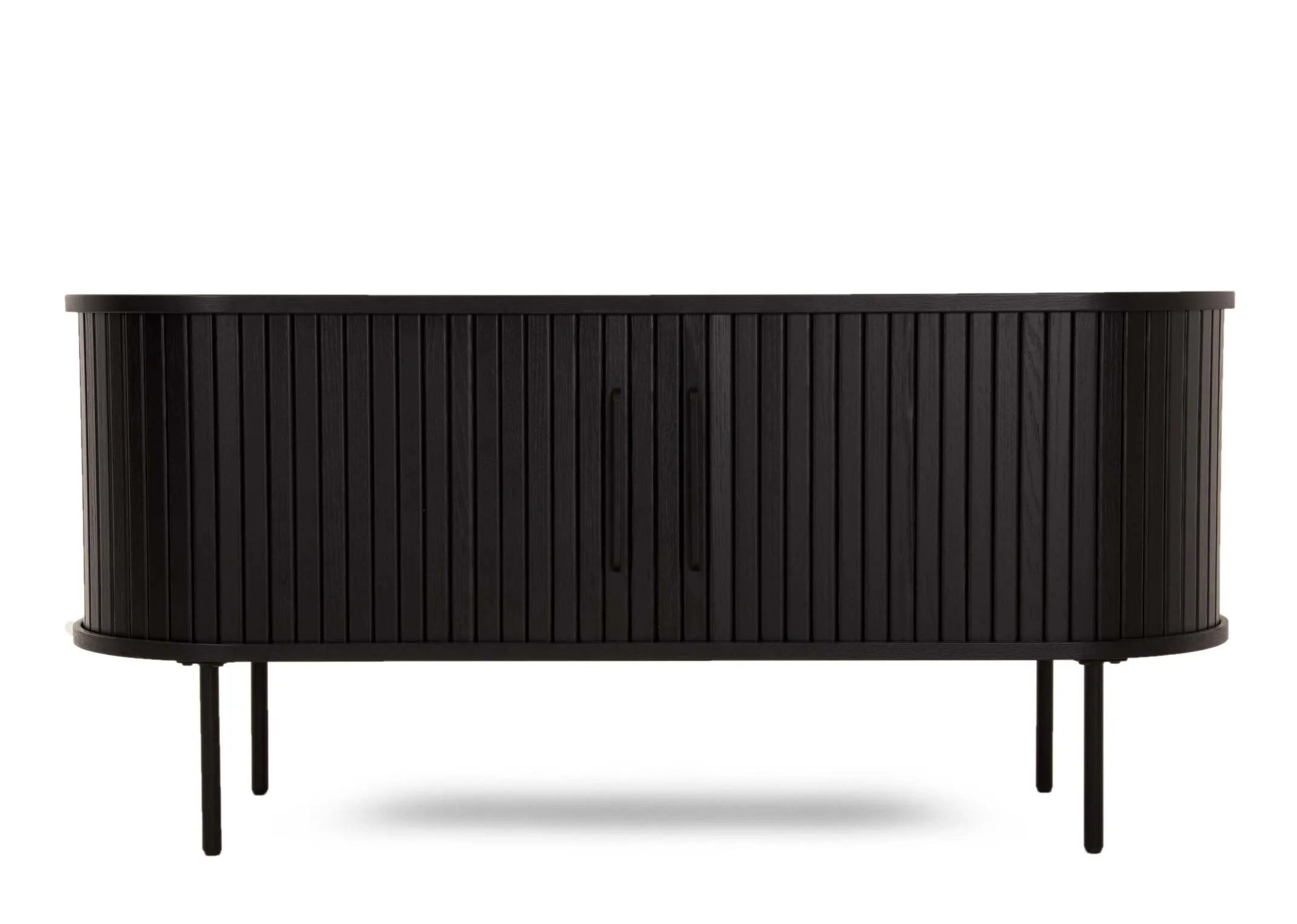 A black oak tv unit with a slatted tambour double door from EZ Livings Nola range. Front view of slatted finish doors