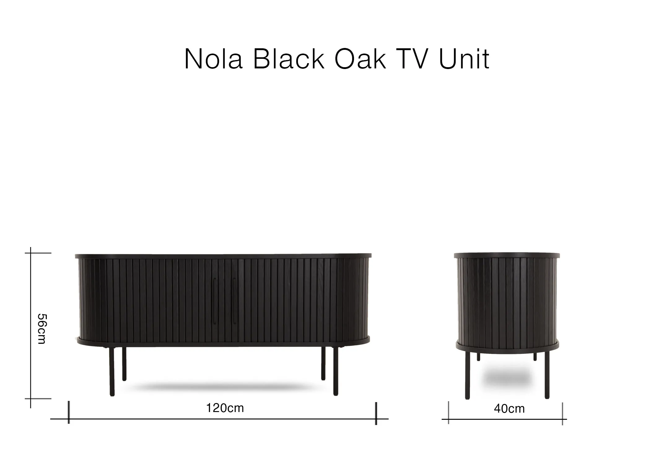 A dimension image of the Nola Black Oak TV Unit with 120cm x 40cm x 55cm