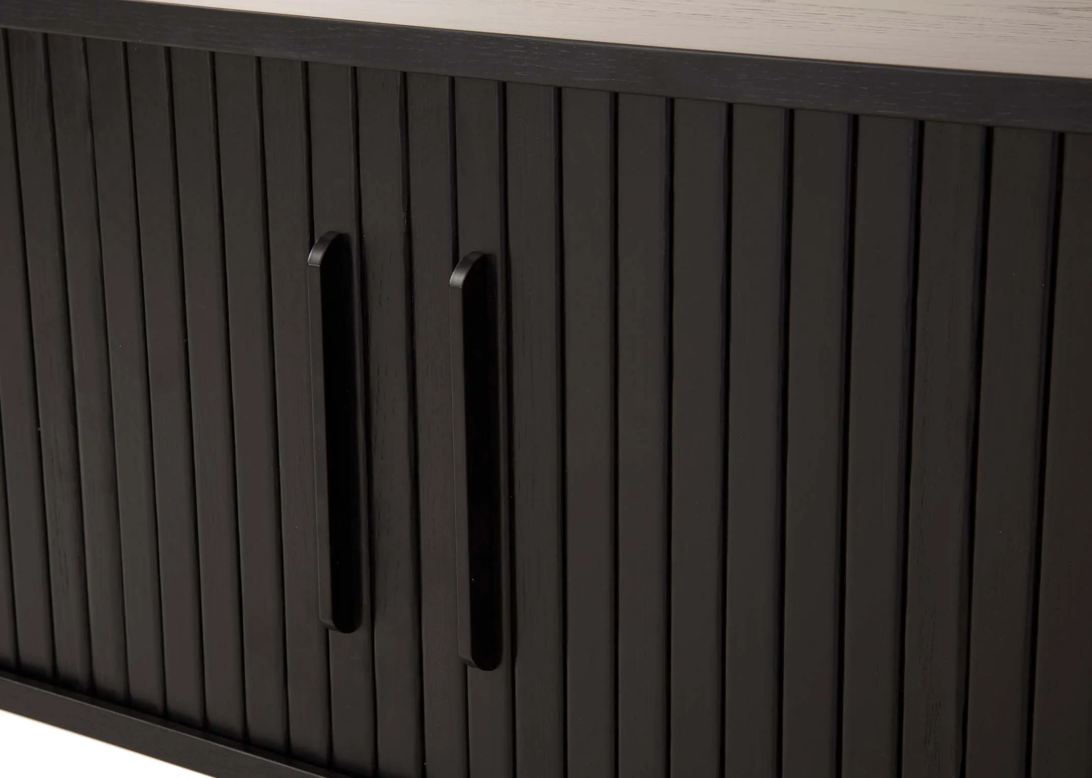 A black oak tv unit with a slatted tambour double door from EZ Livings Nola range. Closeup of metal handle