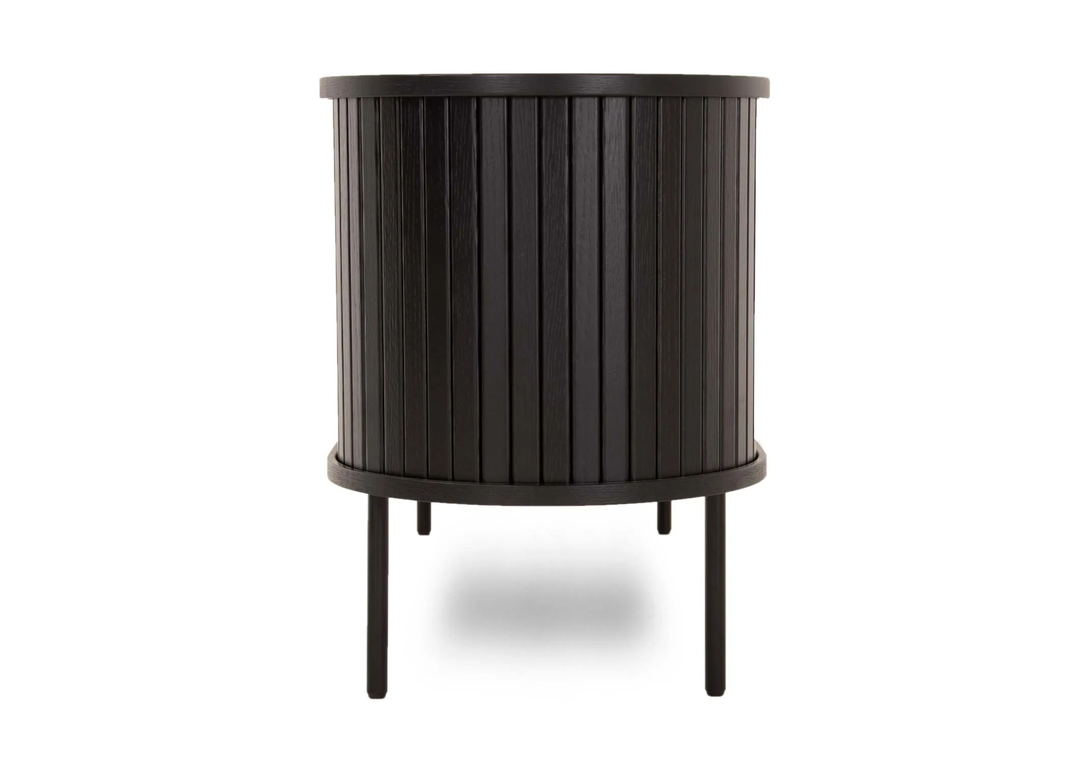 A black oak tv unit with a slatted tambour double door from EZ Livings Nola range. Side view of curved doorsA black oak tv unit with a slatted tambour double door from EZ Livings Nola range. Side view of curved doors