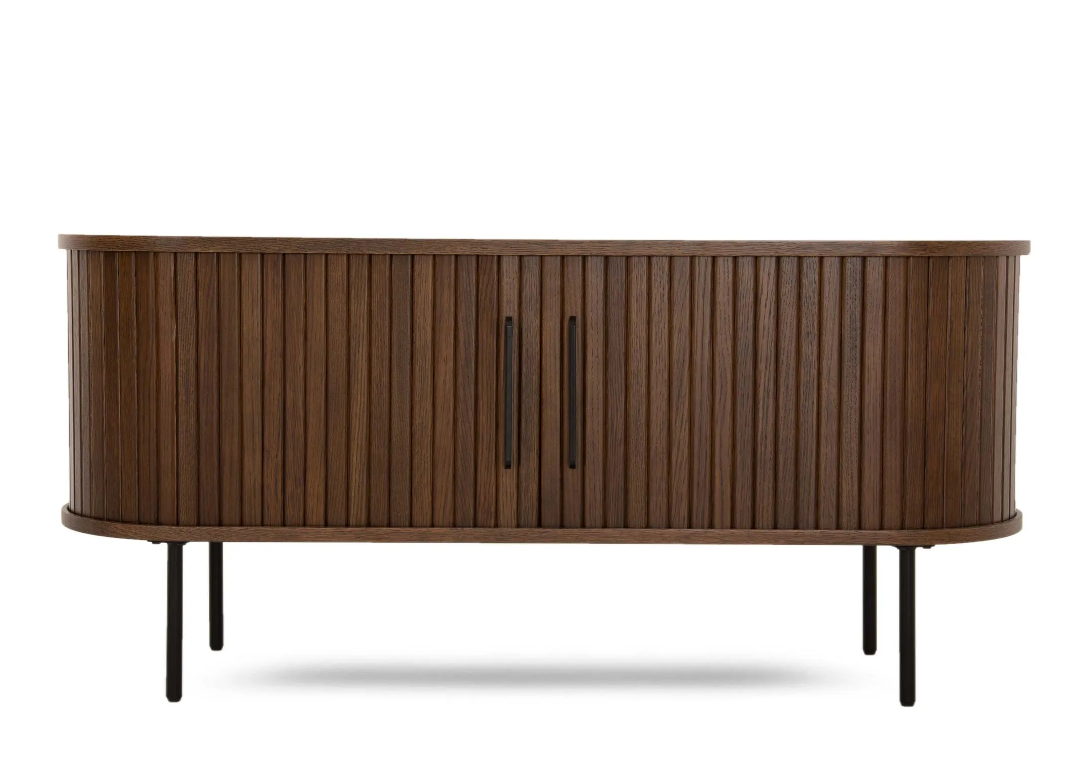 A smoked oak tv unit with a slatted tambour double door from EZ Livings Nola range. Front view with doors closed of tambour finish