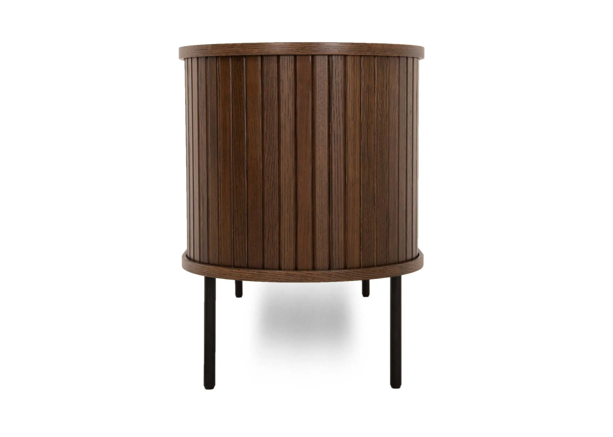 A smoked oak tv unit with a slatted tambour double door from EZ Livings Nola range. Side view of curved doors