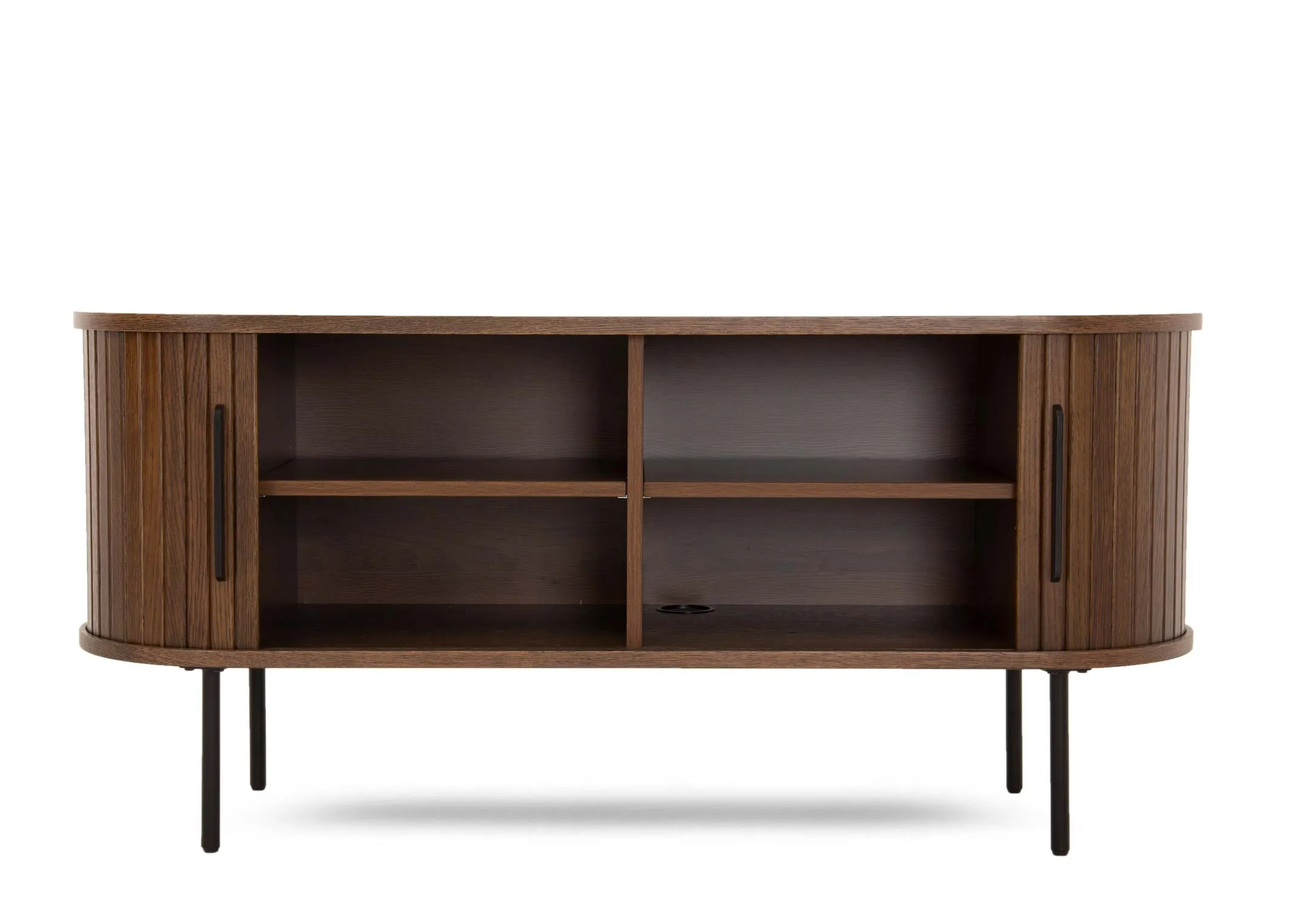 A smoked oak tv unit with a slatted tambour double door from EZ Livings Nola range. Front view of open cabinet.