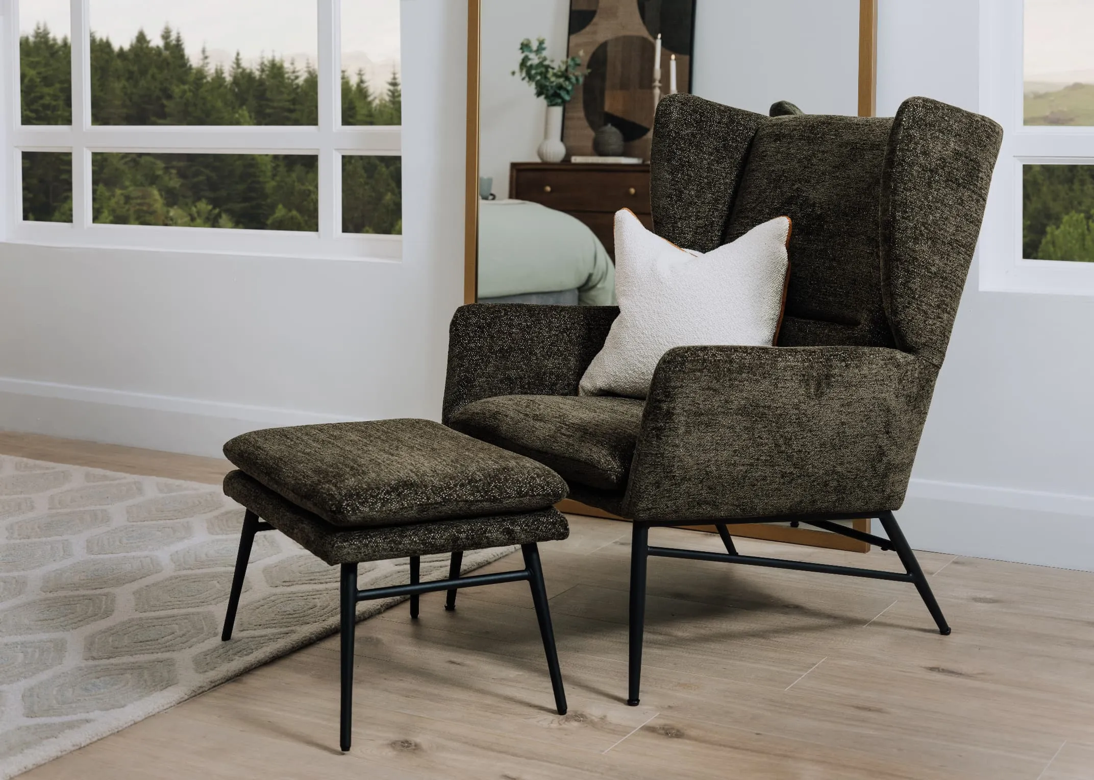 Green Fabric Armchair & Footstool Set - Boston