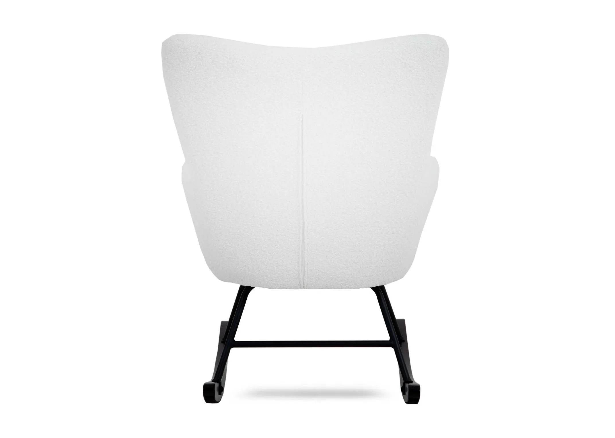 A boucle armchair with black rubber & meatl rocker from EZ Livings Percy range. Back view of large and high seat.
