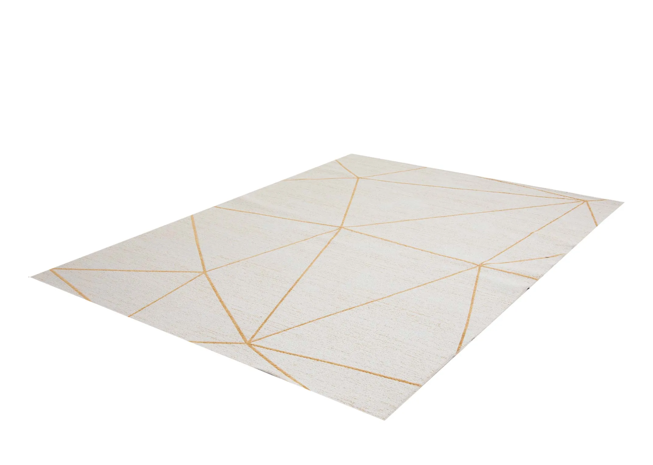 A medium white rug with gold linear pattern from EZ Livings Charvi range. Angled view