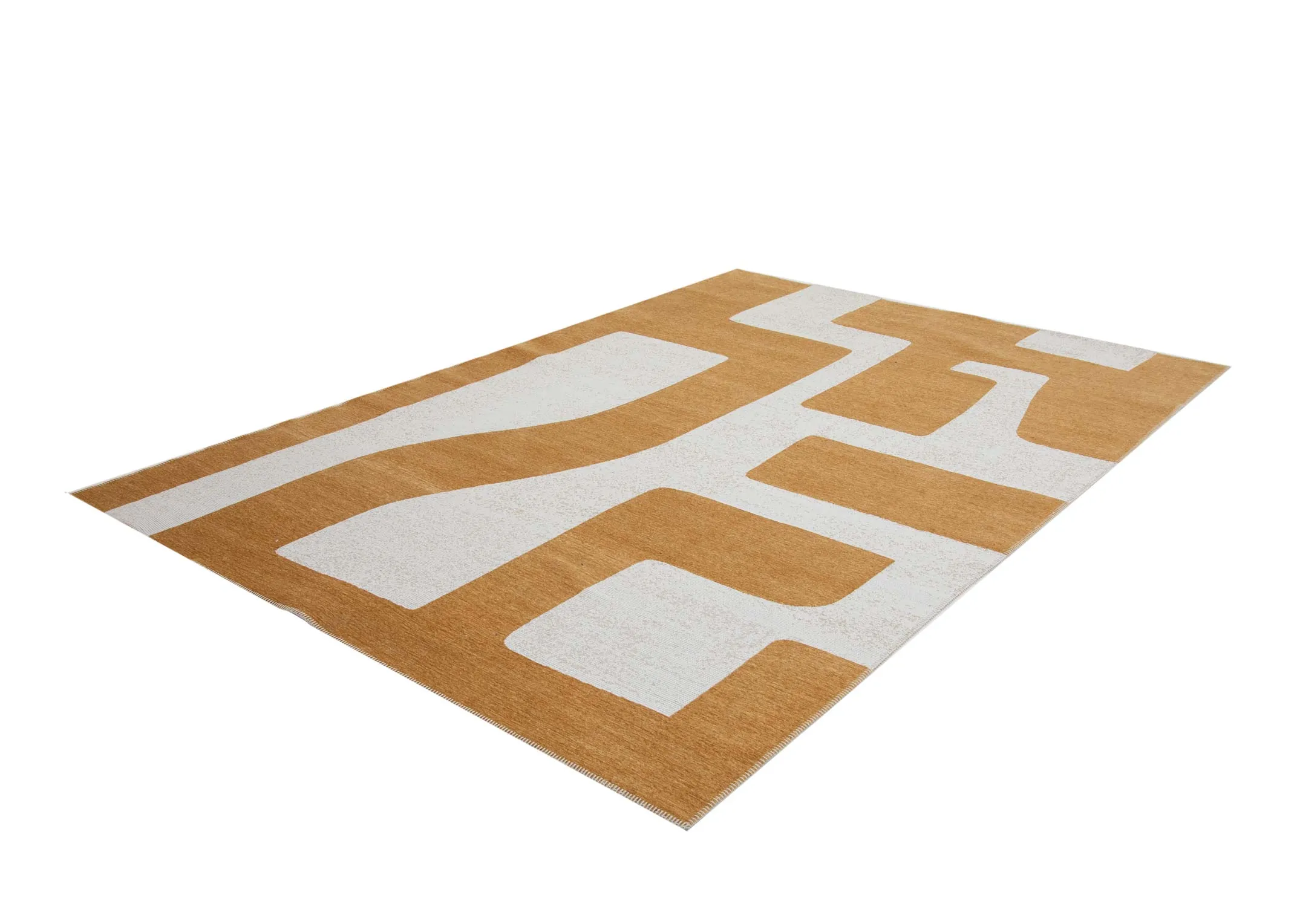 A gold and grey abstract print rug from EZ Livings Chace range. Angled view