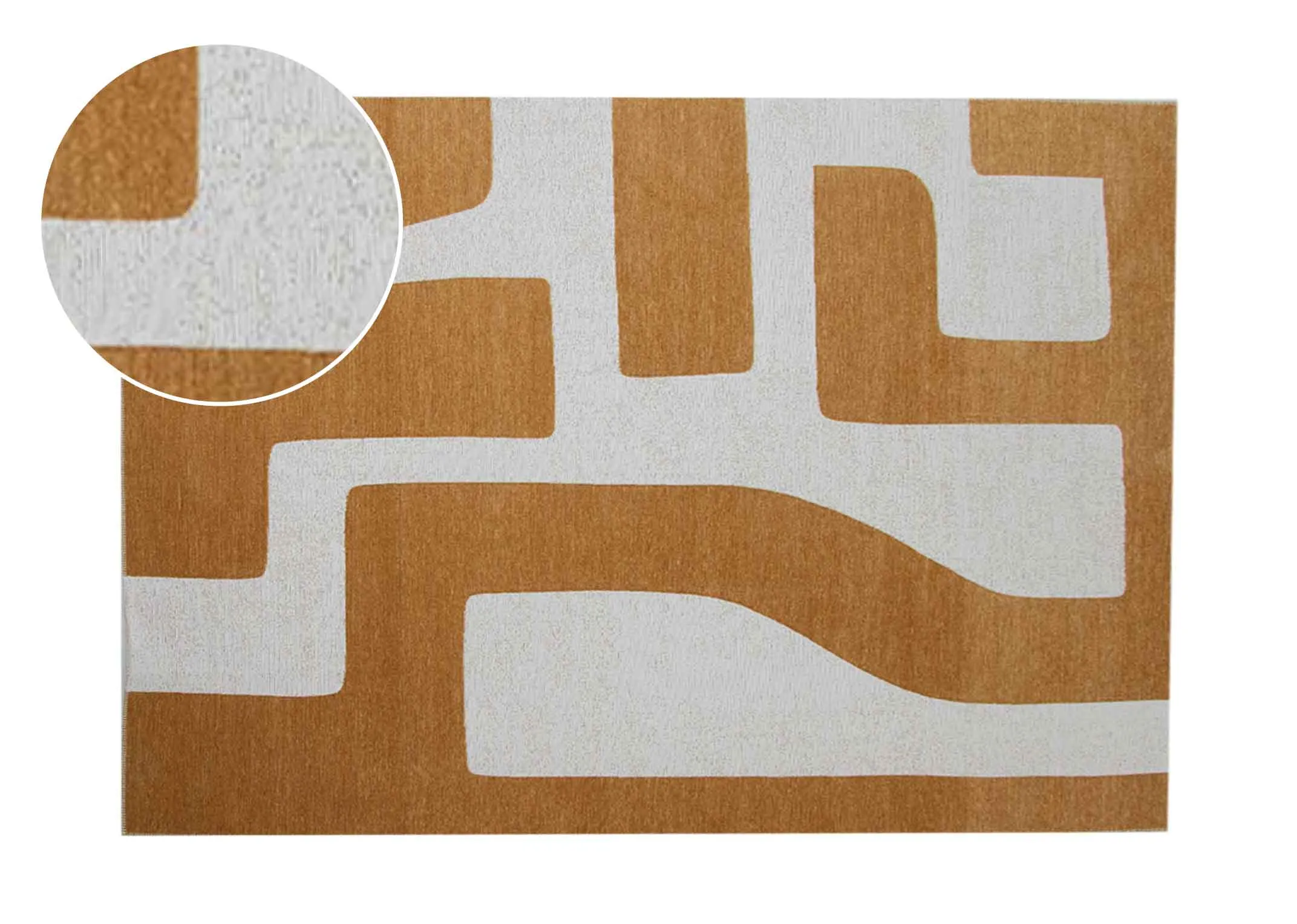 A gold and grey abstract print rug from EZ Livings Chace range. Front view with zoom in on texture