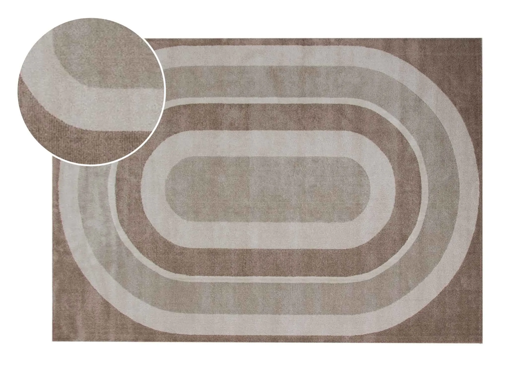 A taupe rug with a series of oval cream taupe and grey shapes from EZ Livings Delilah range.