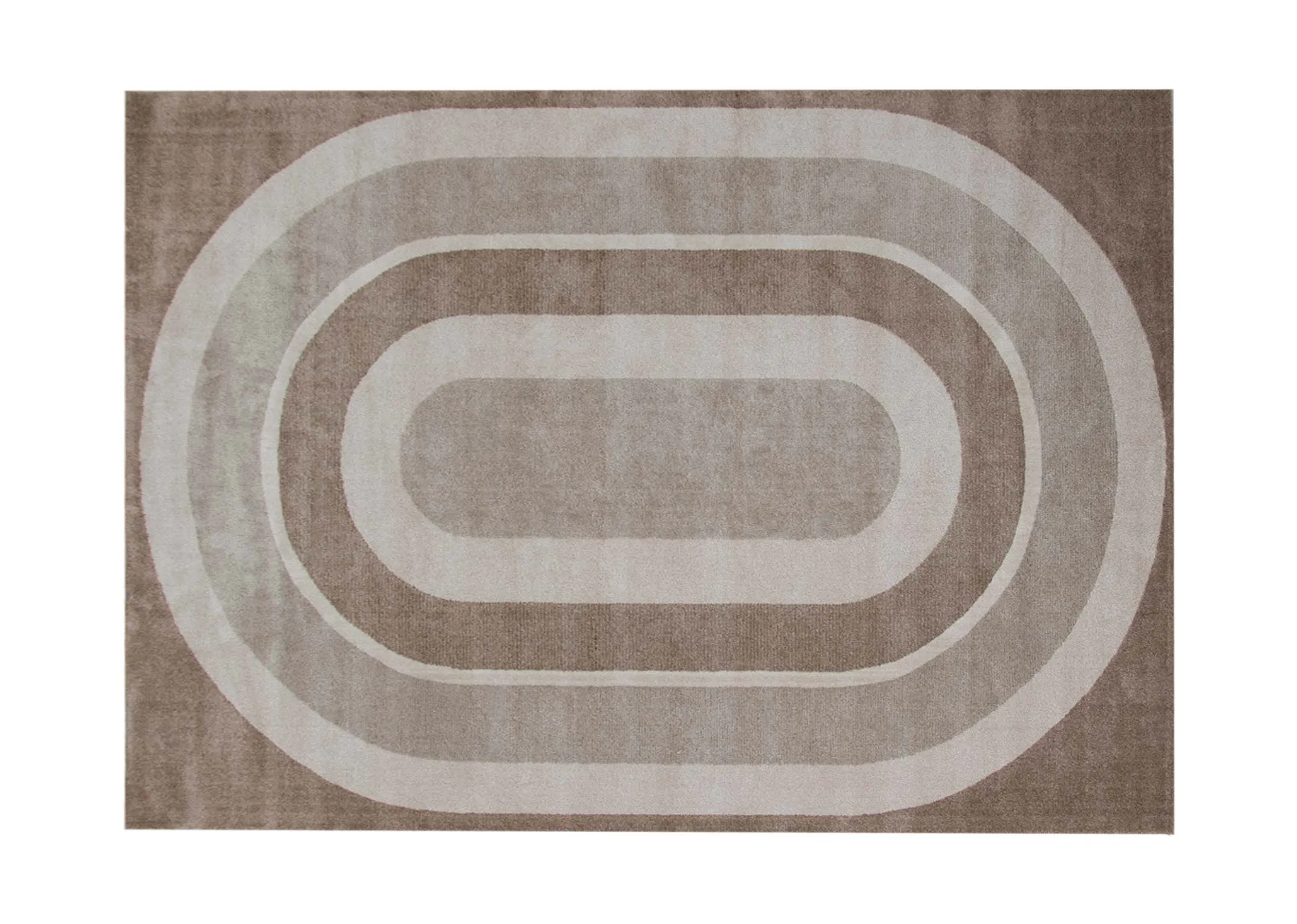 A taupe rug with a series of oval cream taupe and grey shapes from EZ Livings Delilah range.
