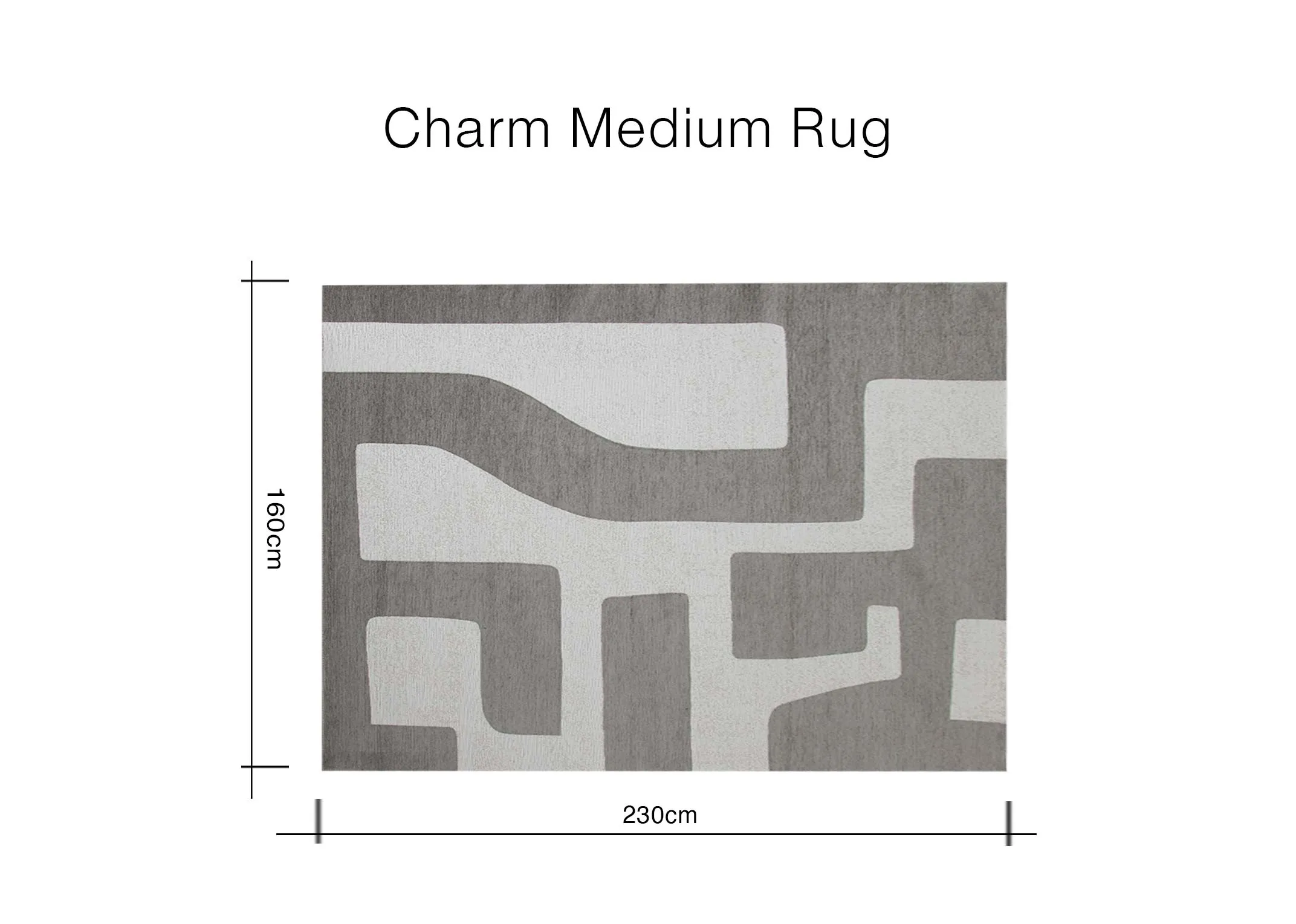 A dimension image of the Charm Medium rug with 230cm x 160cm