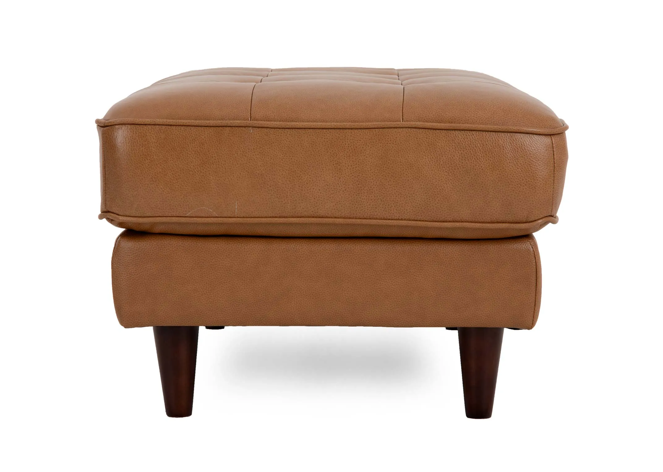 A rectangular tan leather footstool from EZ Livings Genoa range. Side view