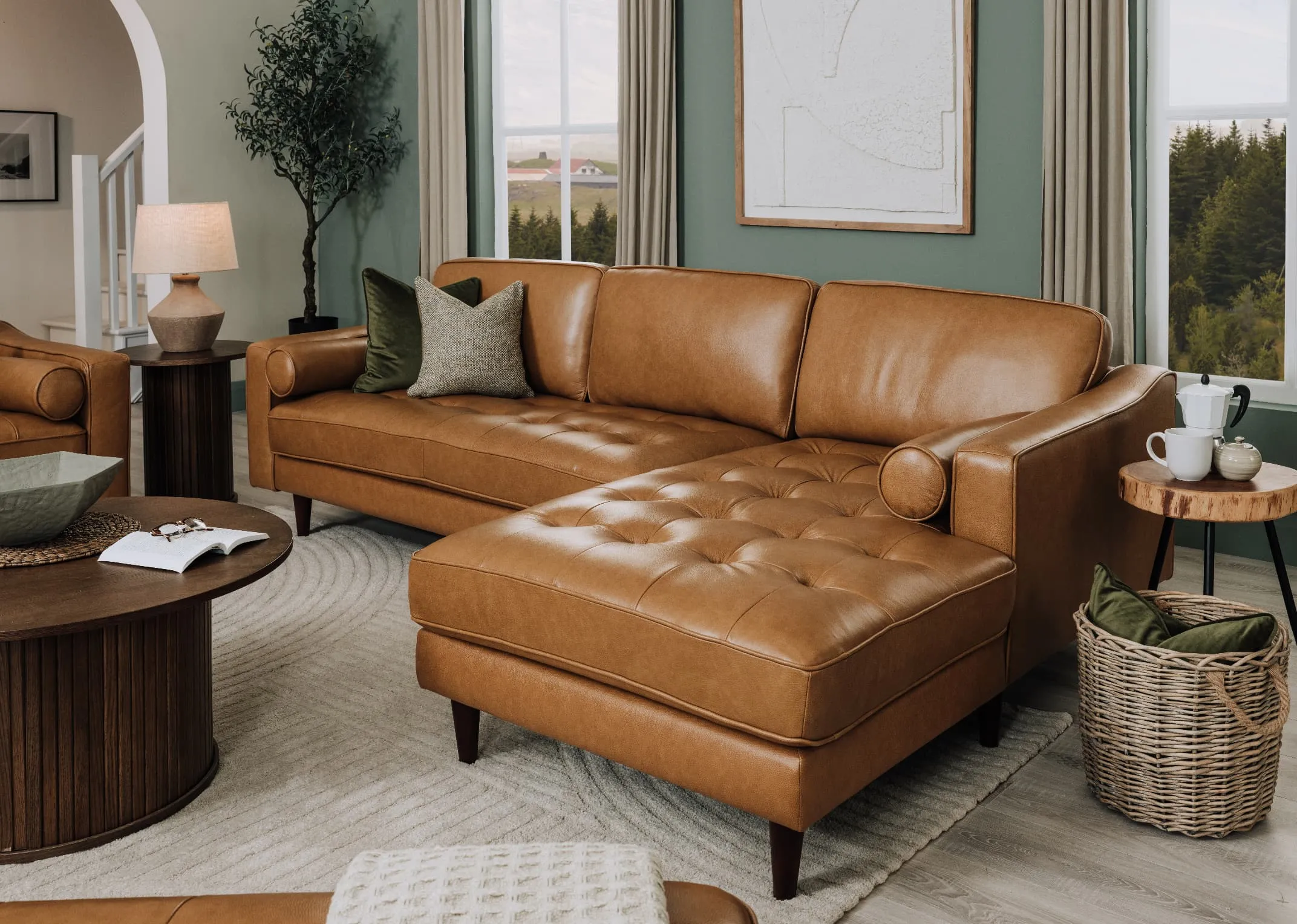 Tan Leather RHF Corner Chaise - Genoa