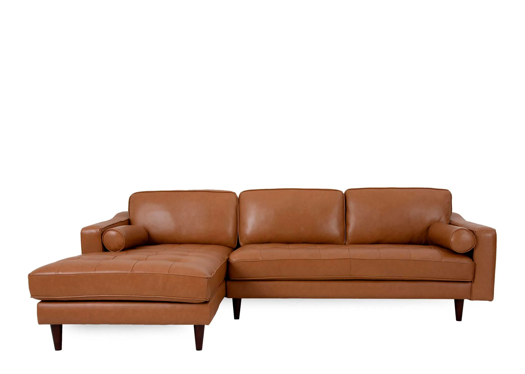 A RHF tan leather corner chaise from EZ Livings Genoa range. Front view of dark walnut feet