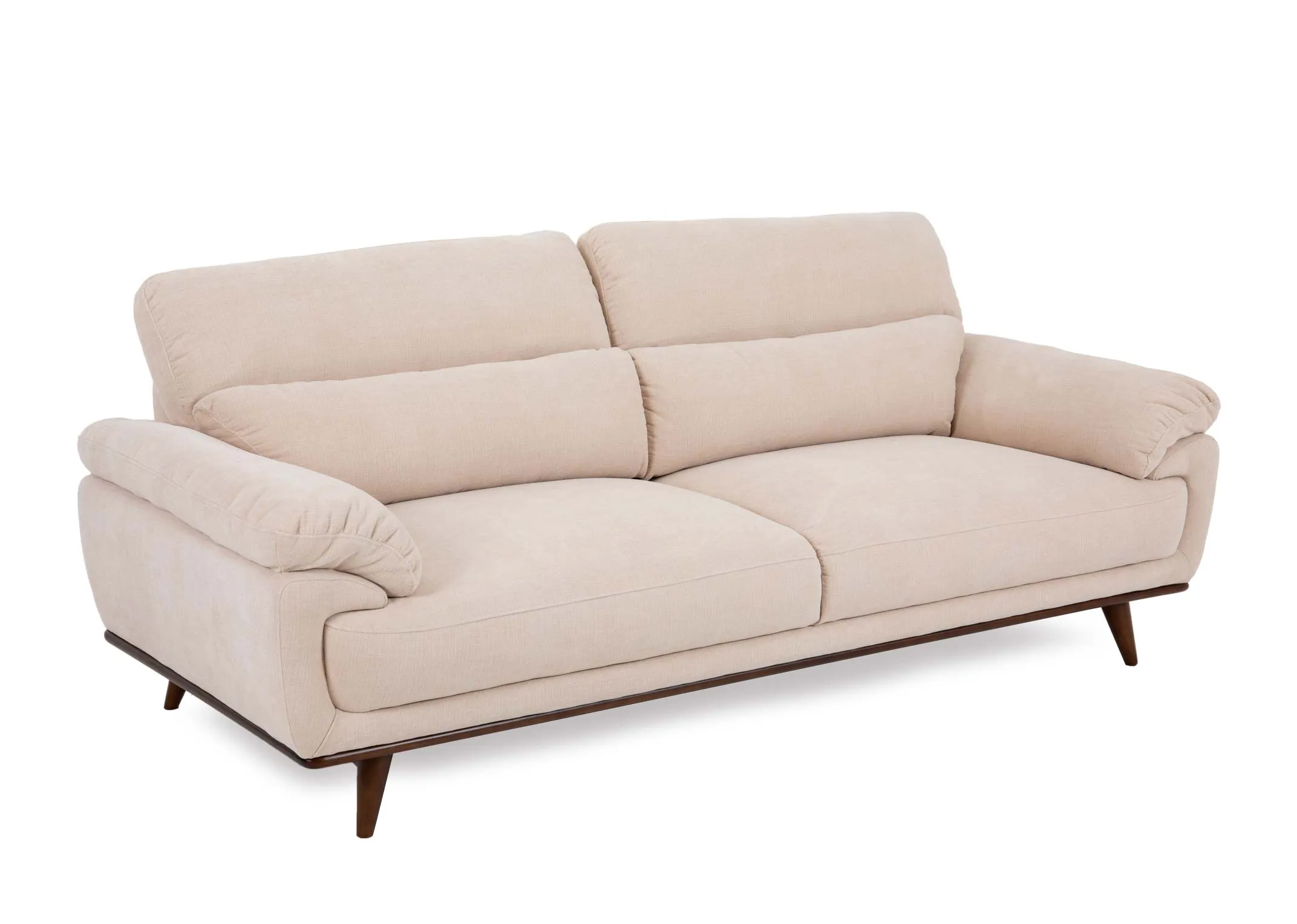 A cream fabric 3 seater sofa from EZ Livings Pippa range.Angled view of soft relaxed cushions both back and sides.