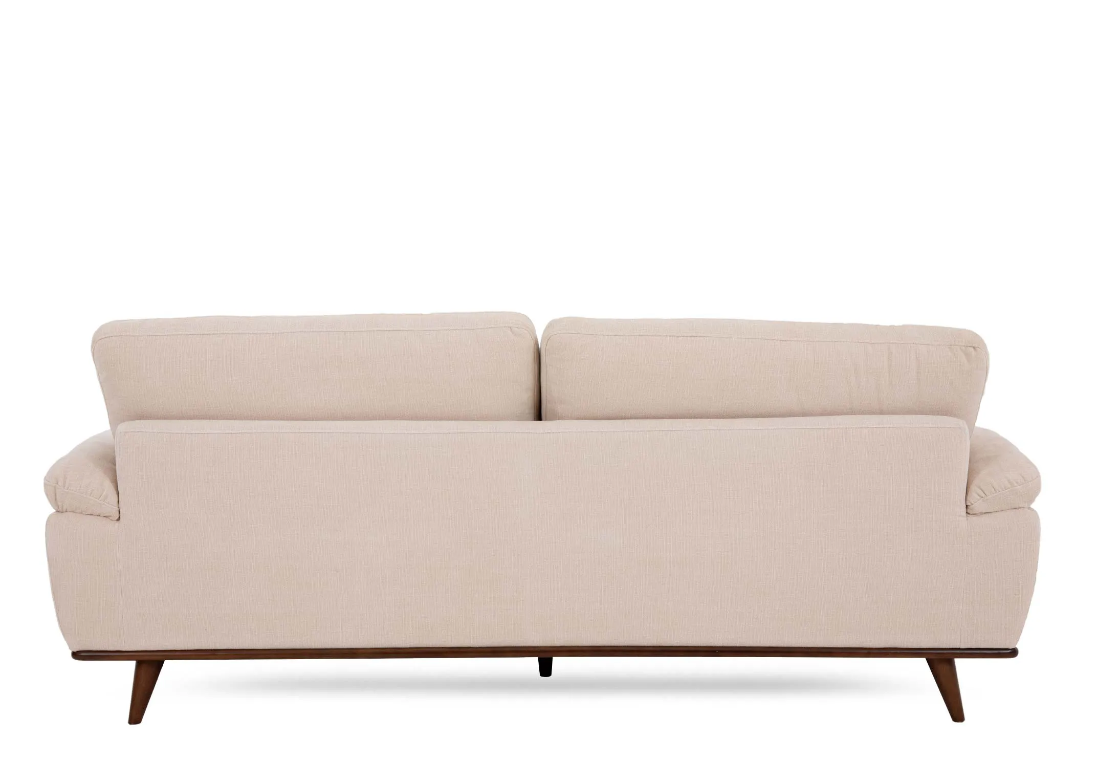 A cream fabric 3 seater sofa from EZ Livings Pippa range. Back view of wide hardwood frame.