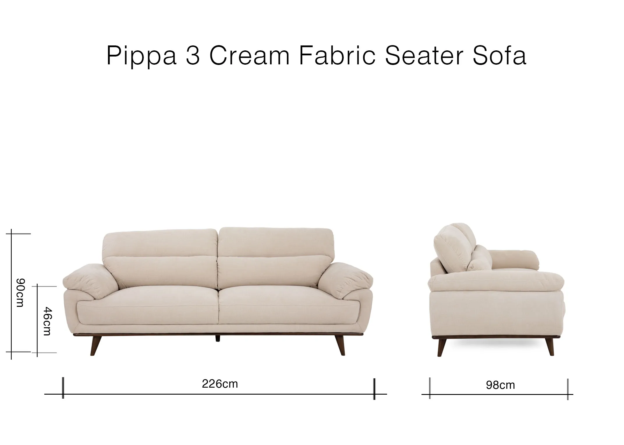 A dimension image of the Pippa Cream 3 Seater with 226cm x 98cm x 90cm