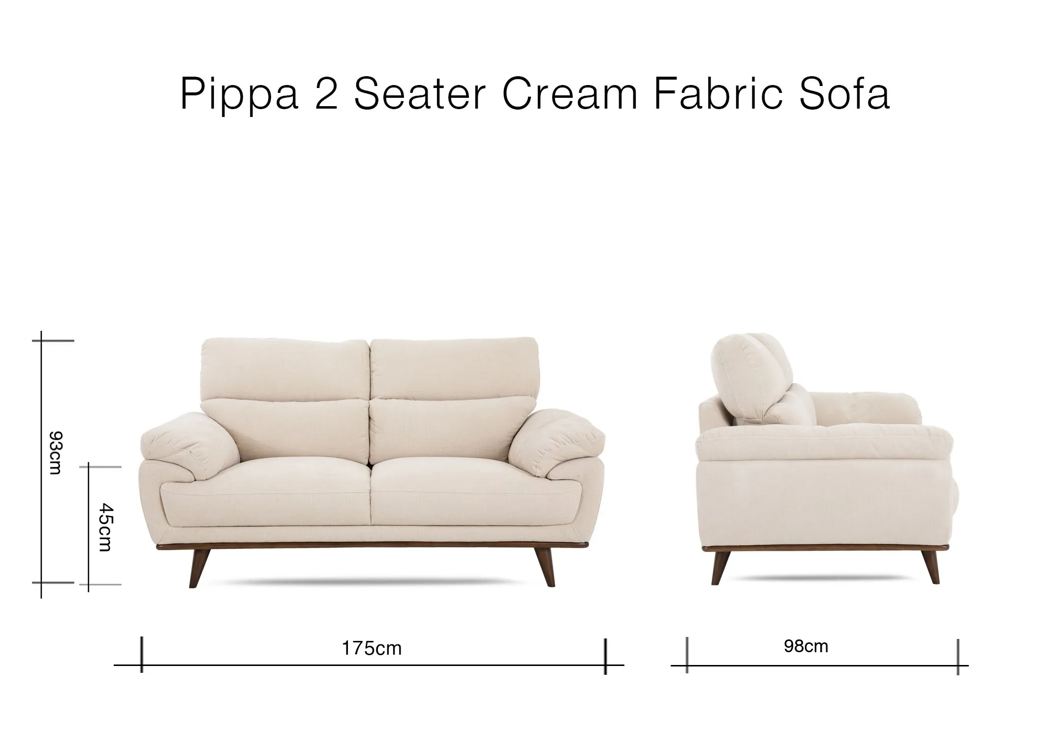 A dimension image of the Pippa 2 Seater sofa with 175cm x 98cm x 93cm
