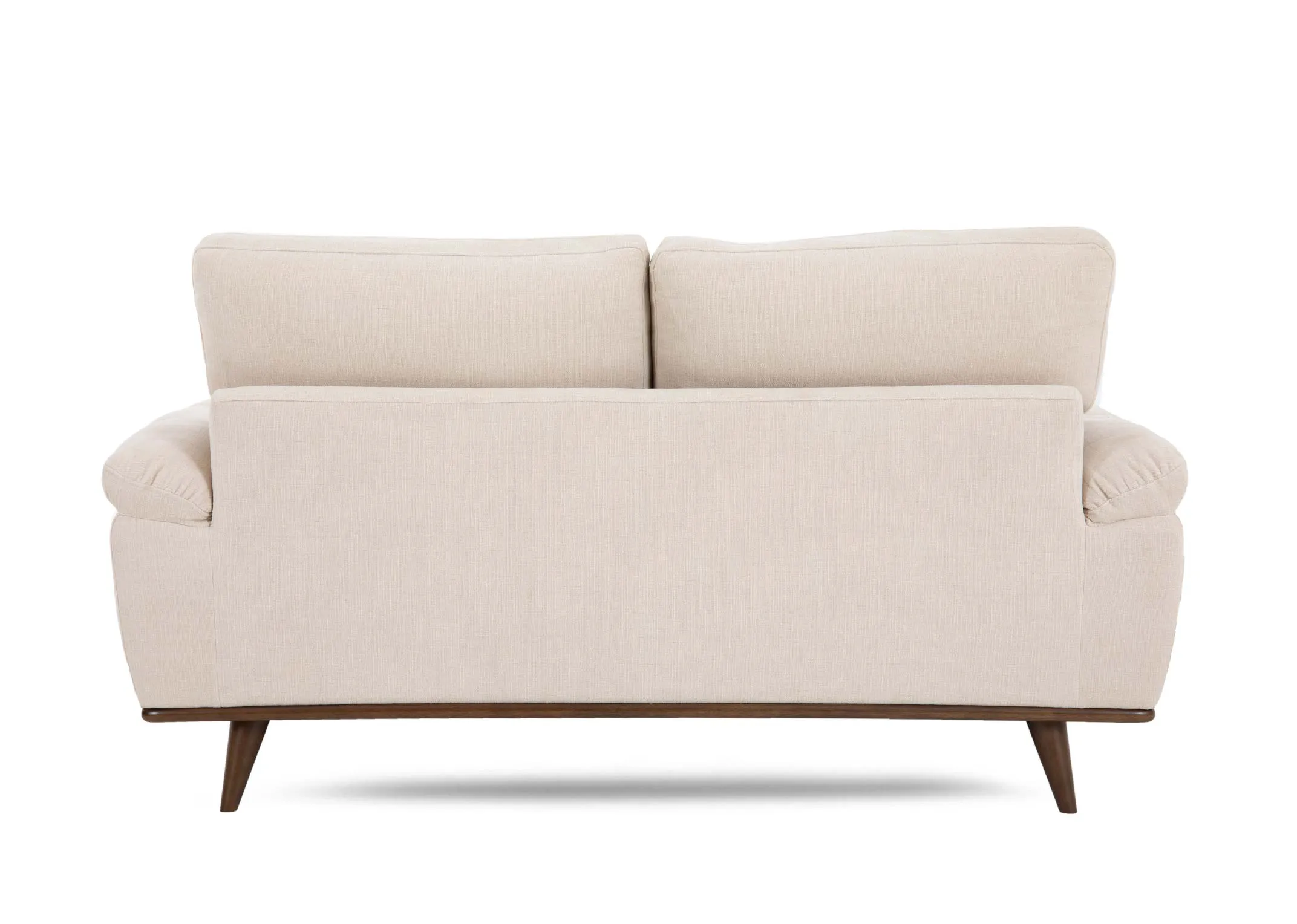 A cream 2 seater fabric sofa from EZ Livings Pippa range. Back view of walnut legs and hardwood frame.