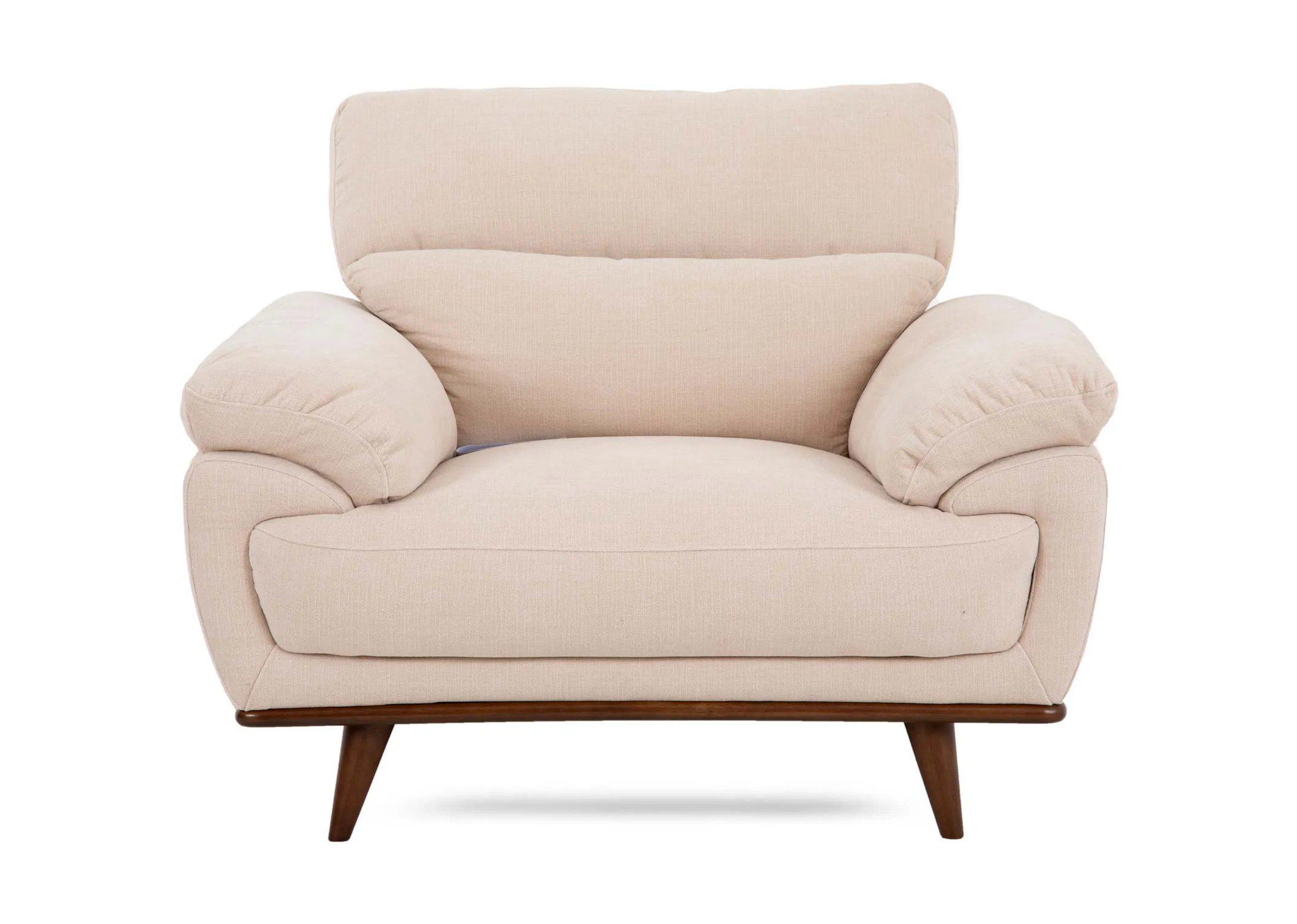 A cream fabric armchair from EZ Livings Pippa range.  Front view of relaxed arm cushions.