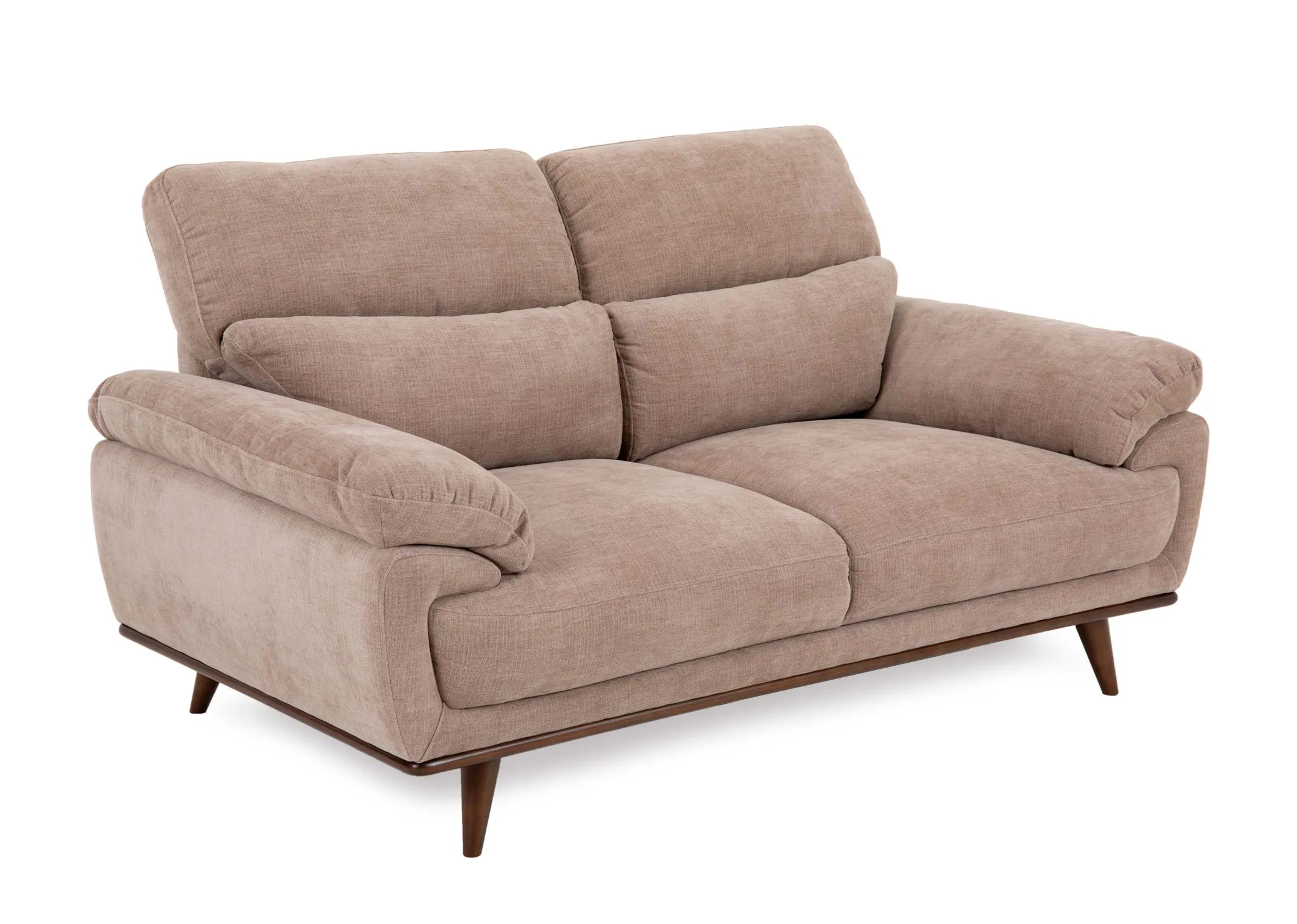 A 2 seater beige fabric sofa from EZ Livings Pippa Range. Angled view of soft cushion backs and walnut feet.