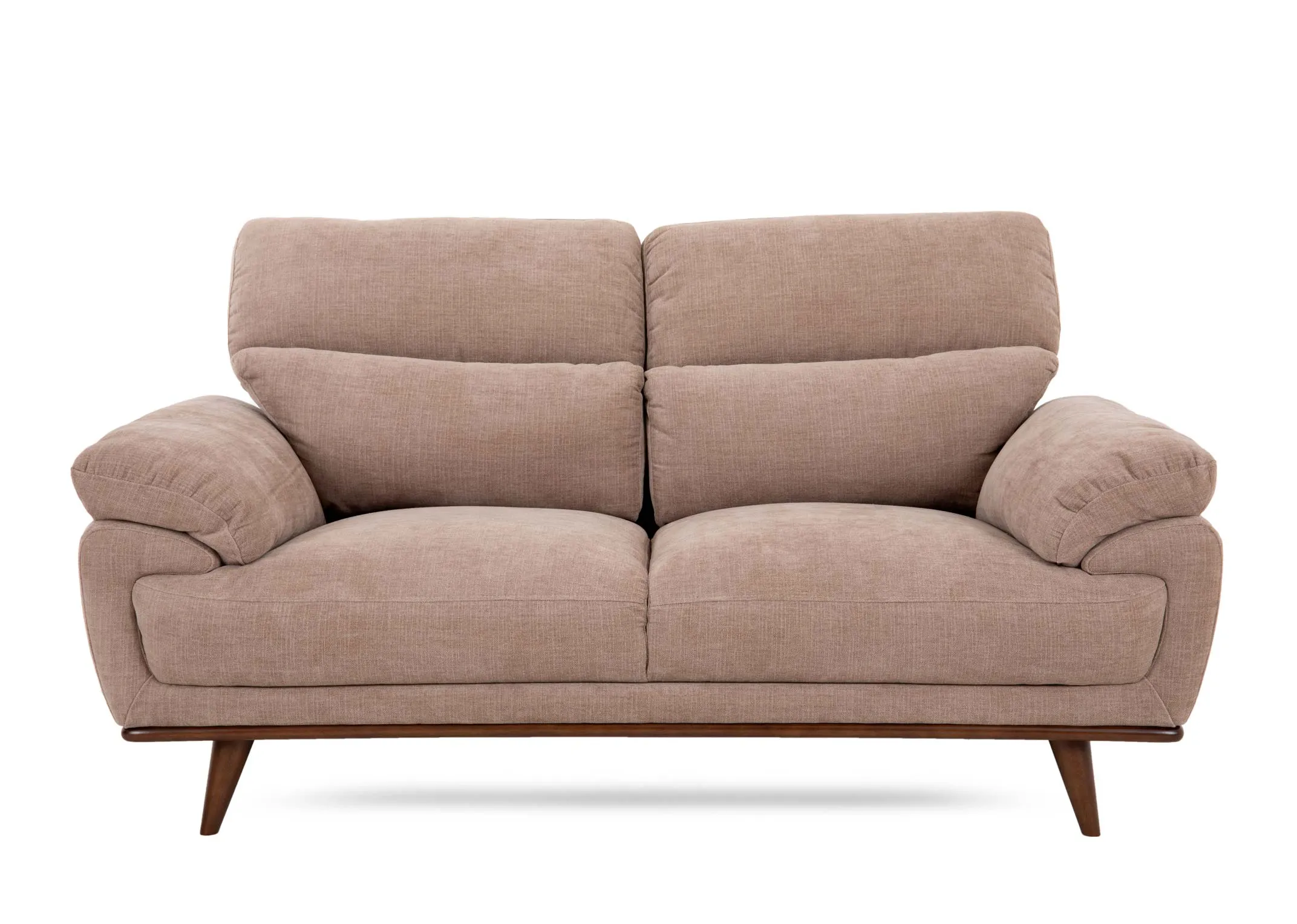 A 2 seater beige fabric sofa from EZ Livings Pippa Range. Front view of sofa cushions and relaxed armrests.