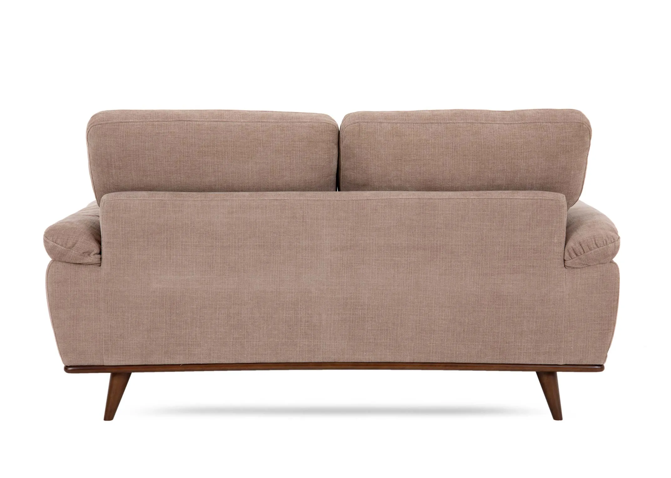 A 2 seater beige fabric sofa from EZ Livings Pippa Range. Back view of hardwood frame.