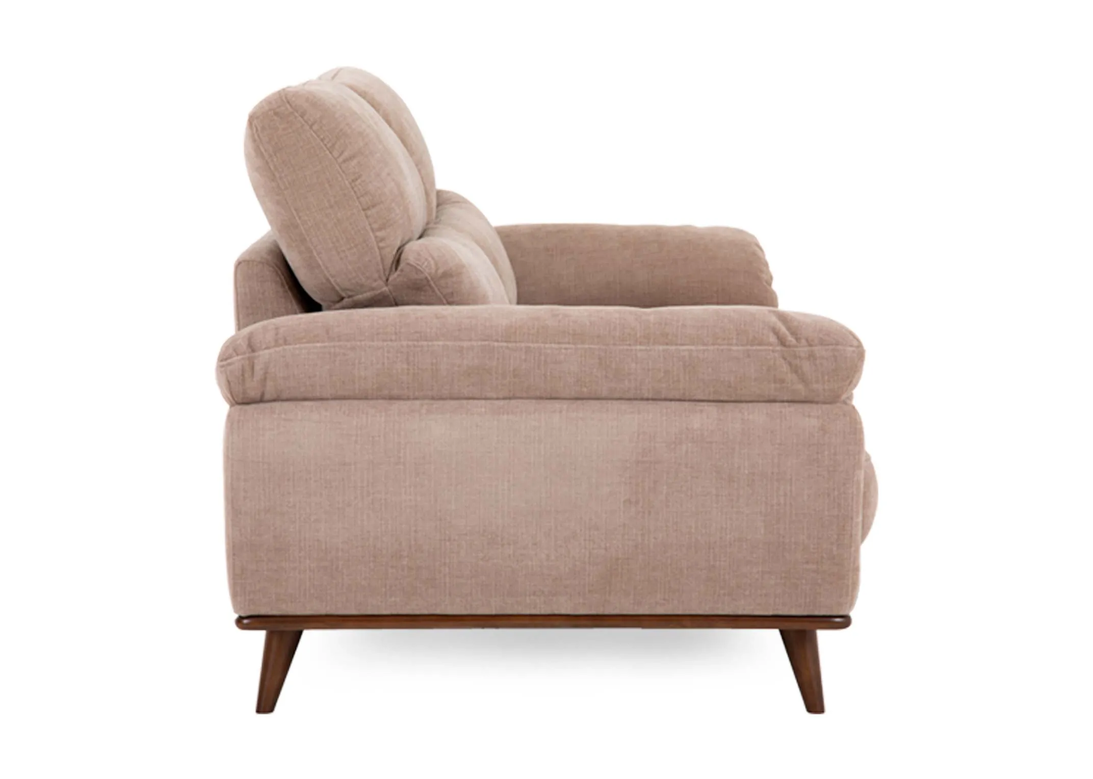 A beige fabric 3 seater sofa from EZ Livings Pippa range. Side view of low padded arms and walnut legs.