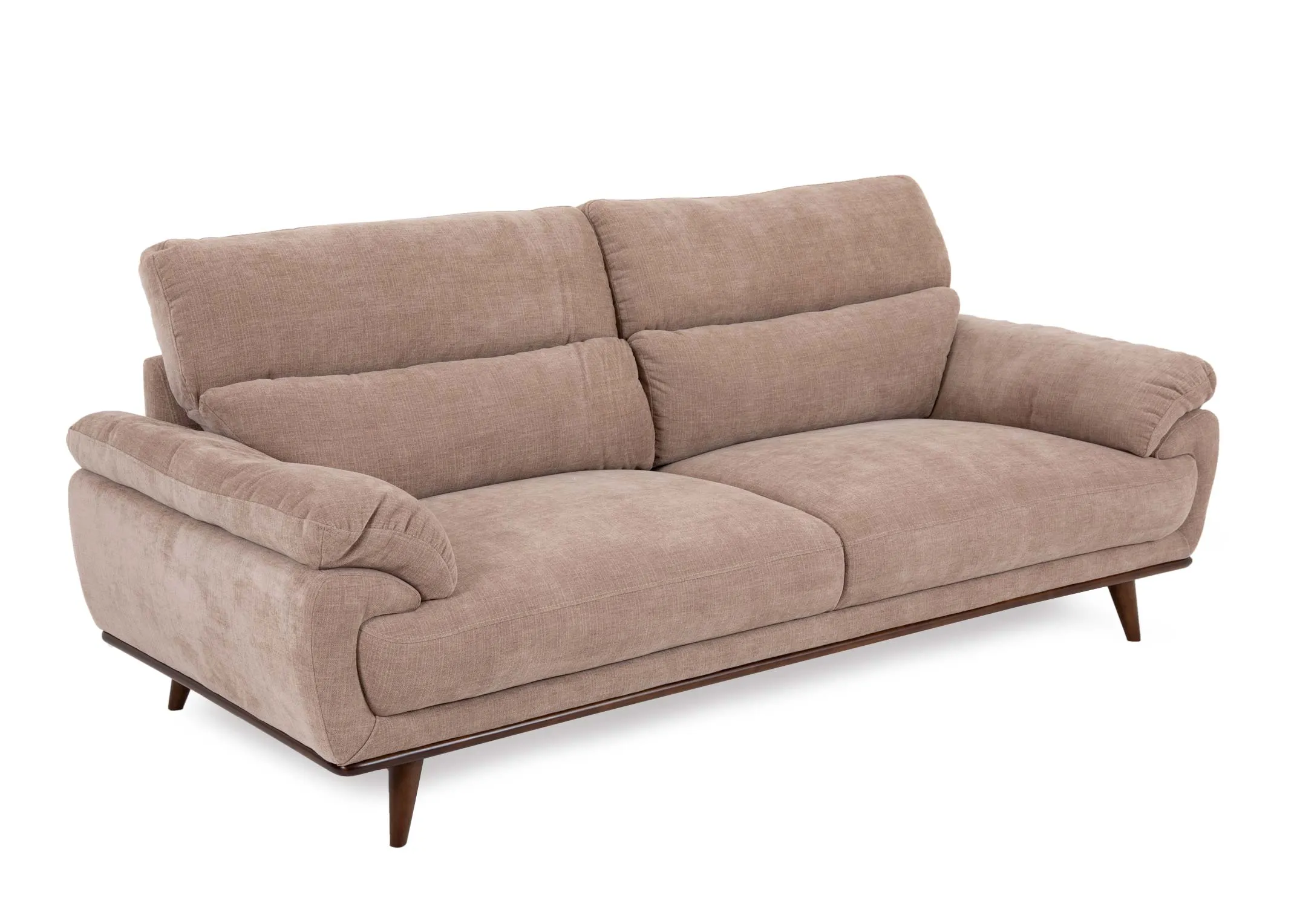 A beige fabric 3 seater sofa from EZ Livings Pippa range.Angled view of soft relaxed cushions both back and sides.