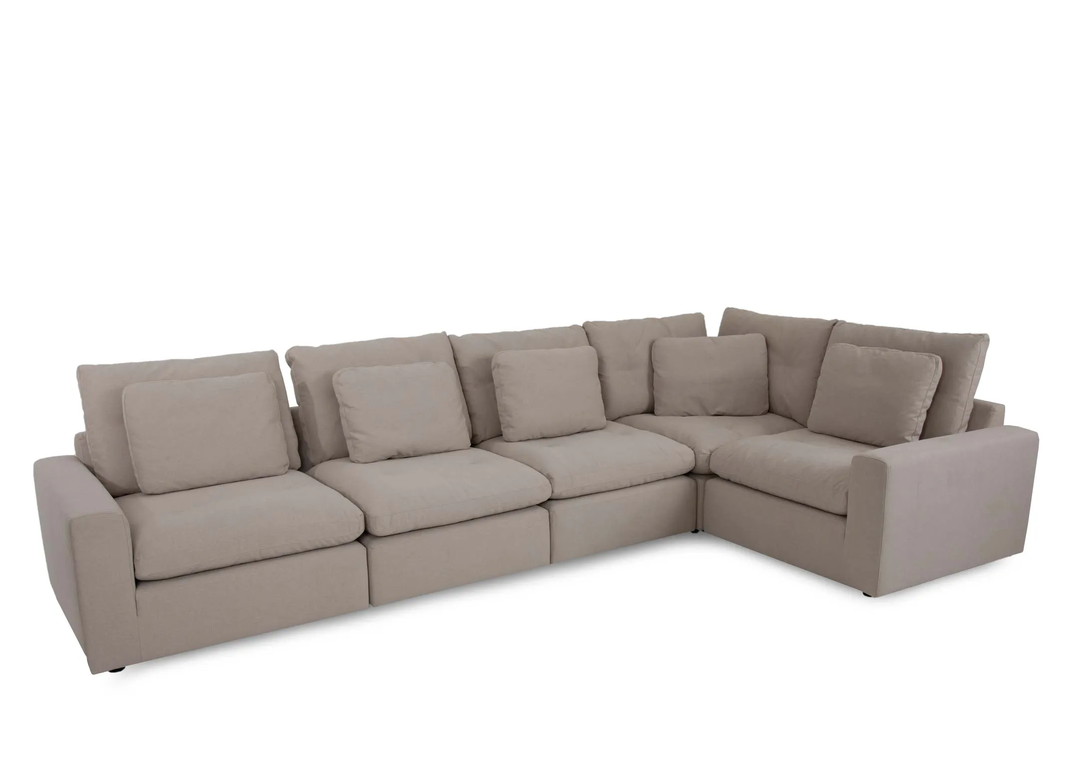 A large grey fabric laf corner group from EZ Livings Cozy range. Angled view of 5 seater sofa with 5 scatter cushions.
