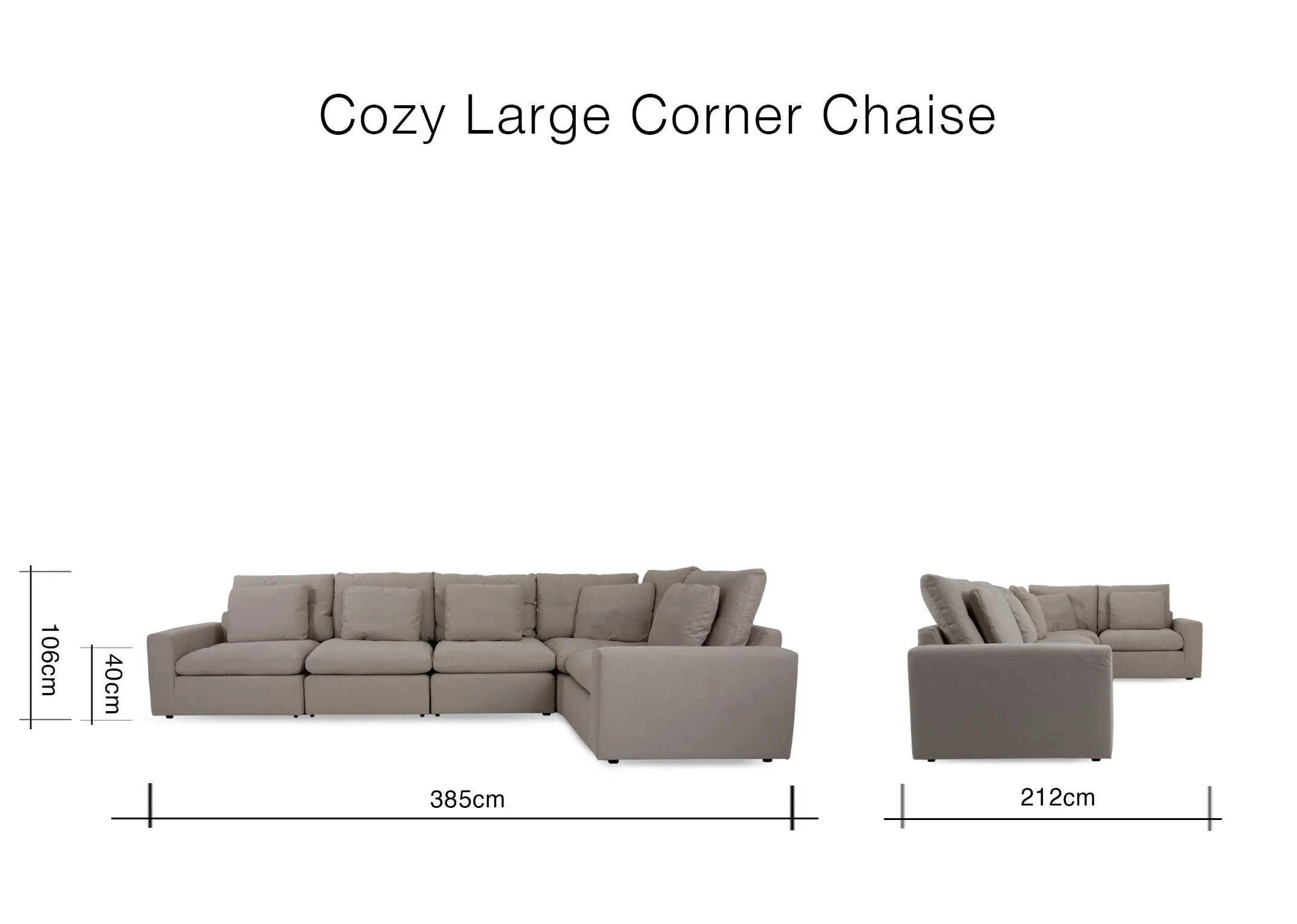 A dimension image of the Cozy Large Corner Sofa with 385cm x 212cm x 106cm