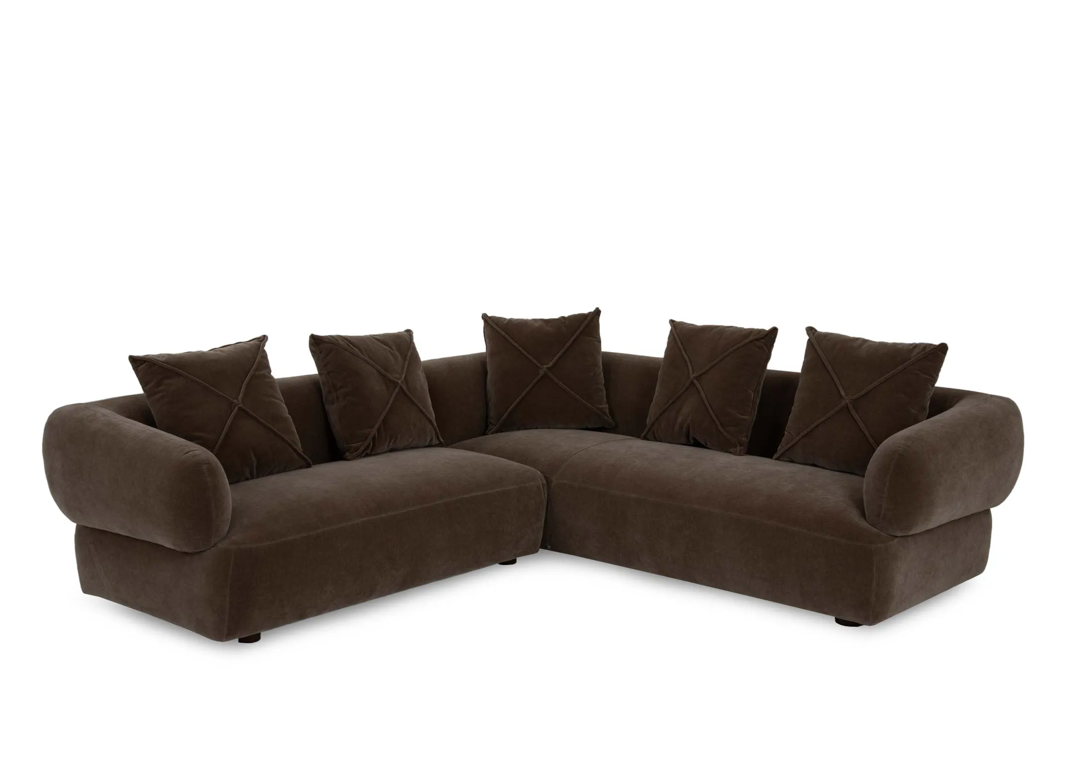 A brown velvet RAF corner chaise from EZ Livings Carla range. Angled