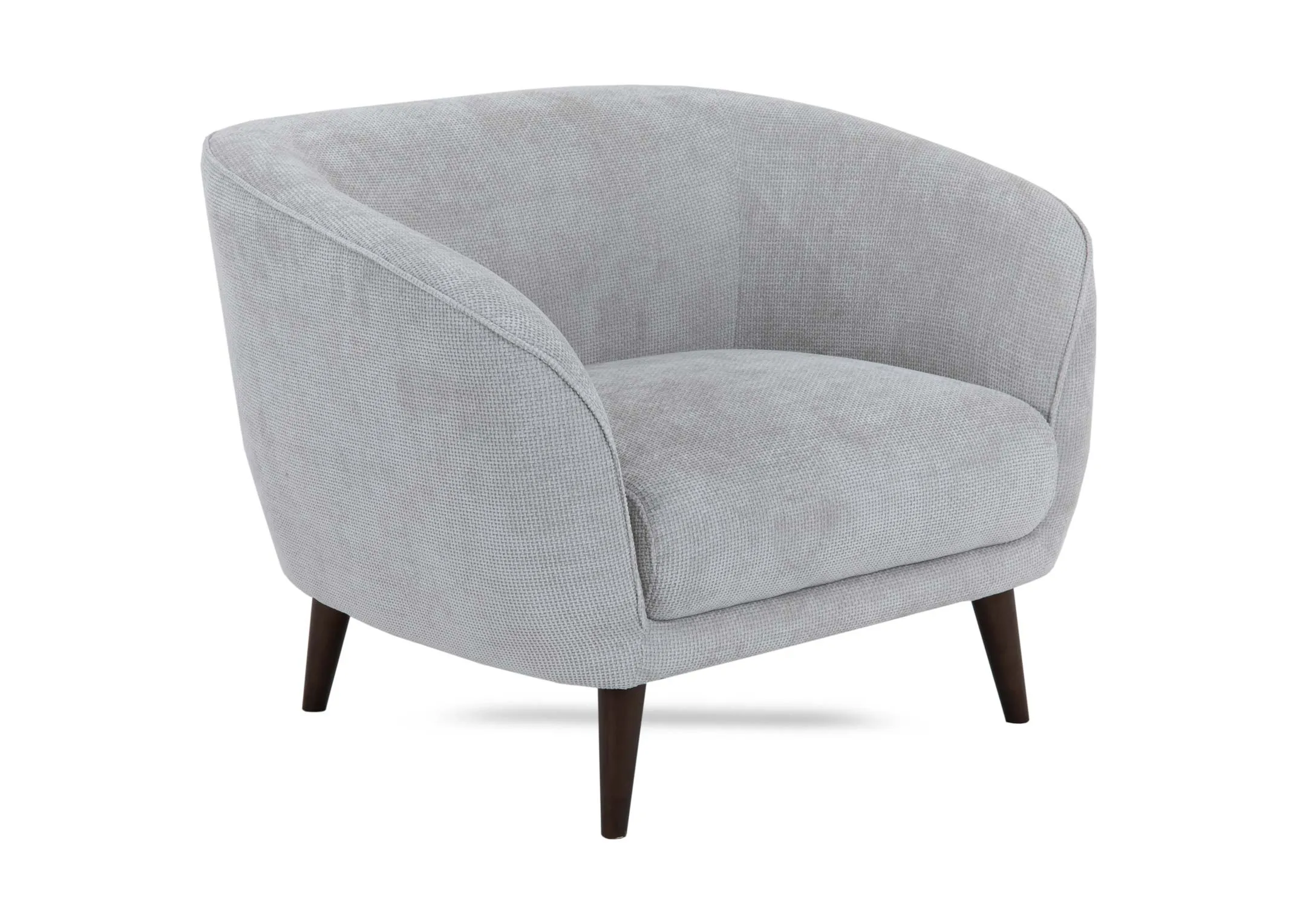A silver fabric armchair with dark feet from EZ Livings Amber range. Angled view