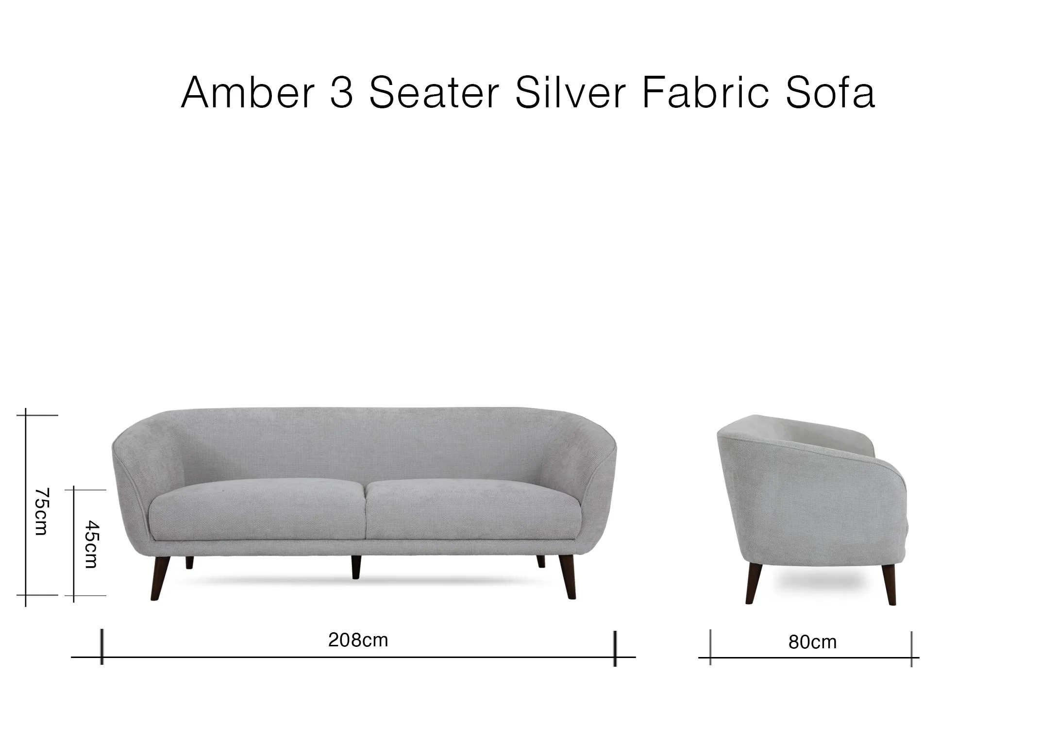 A dimension image of the Amber 3 Seaters sofa with 208cm x 80cm x 75cm