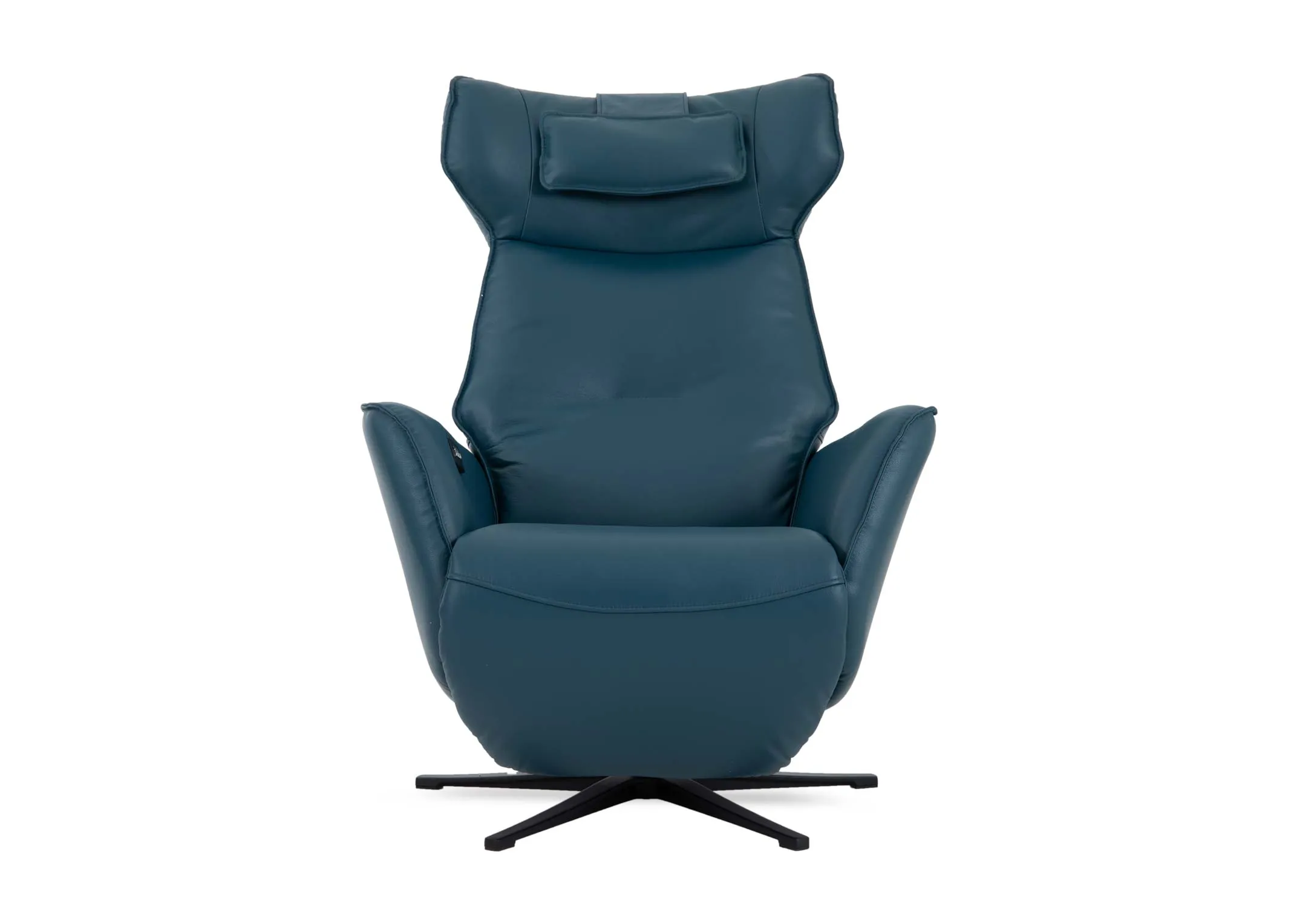 A teal faux leather swivel recliner from EZ Livings Carrie range. Front view of padded headrest.