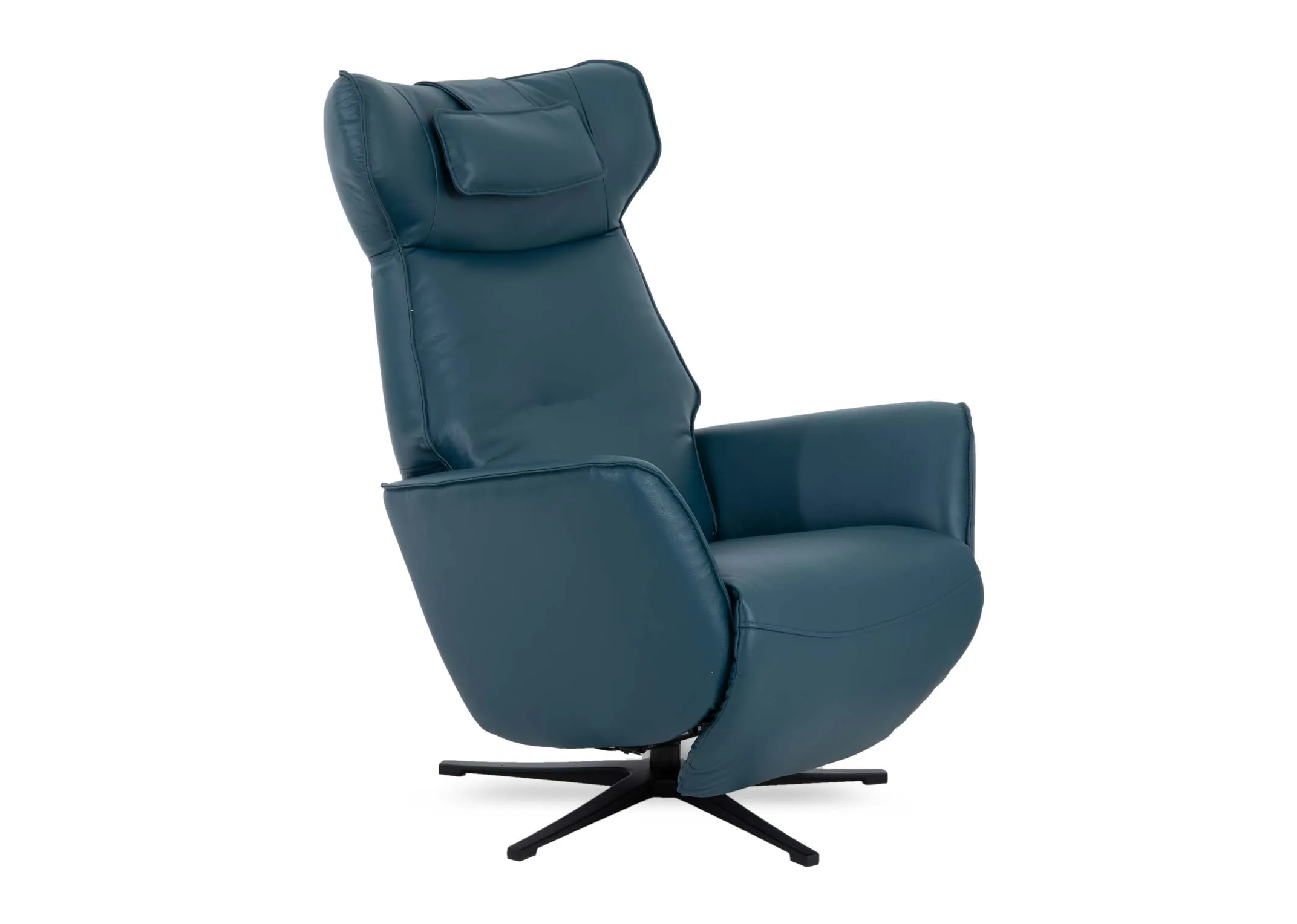 A teal faux leather swivel recliner from EZ Livings Carrie range. Angled veiw of chair in fixed mode.
