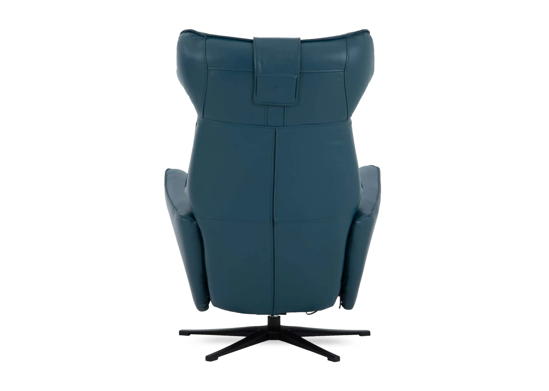 A teal faux leather swivel recliner from EZ Livings Carrie range. Back view