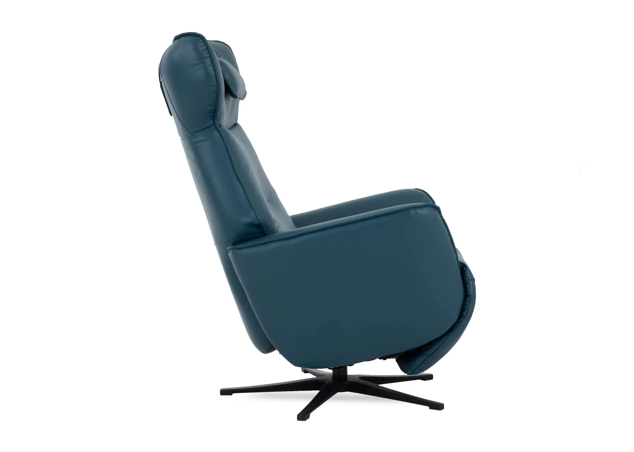 A teal faux leather swivel recliner from EZ Livings Carrie range. Side view of black swivel base.