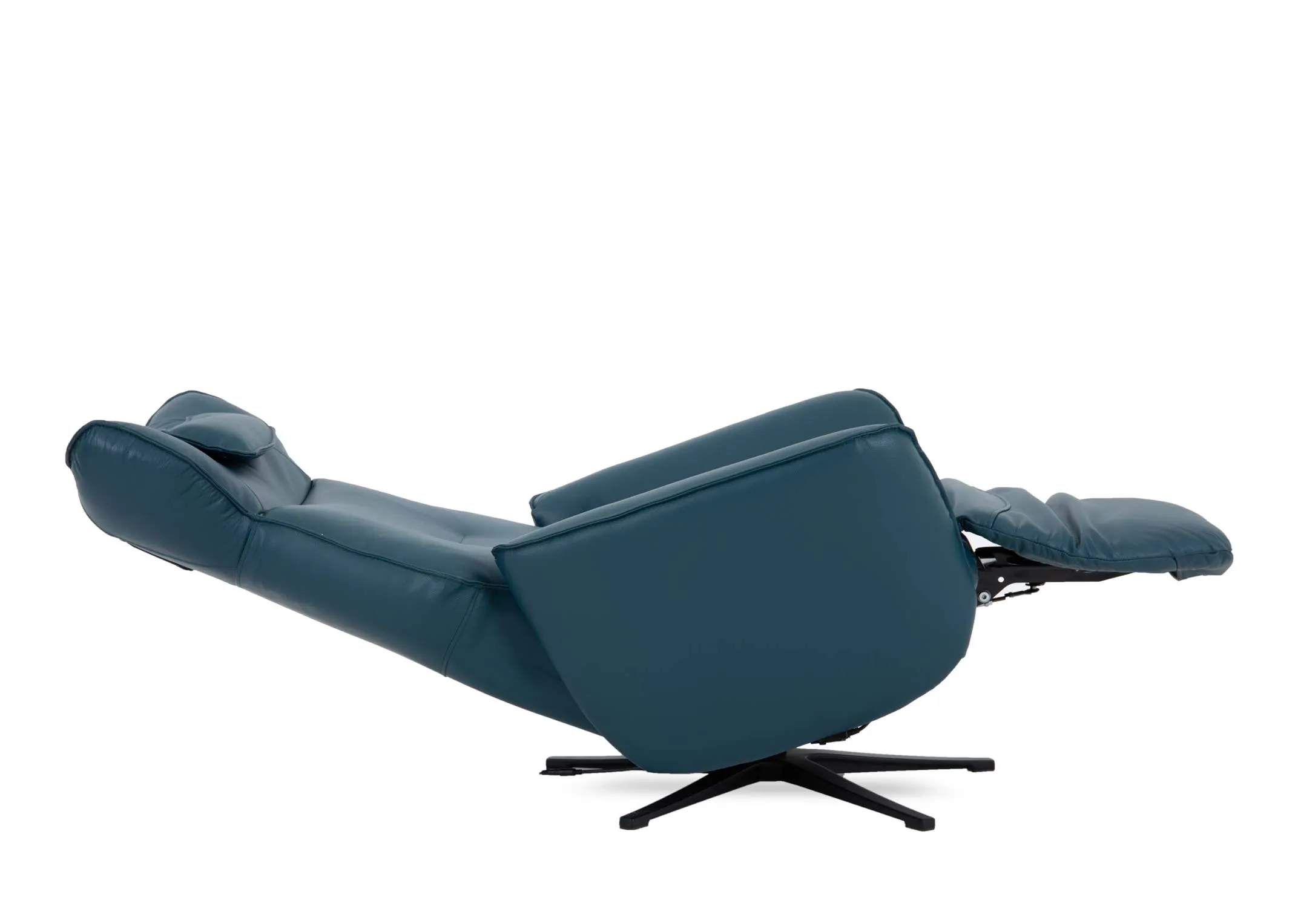 A teal faux leather swivel recliner from EZ Livings Carrie range. Side view of the chair reclined.