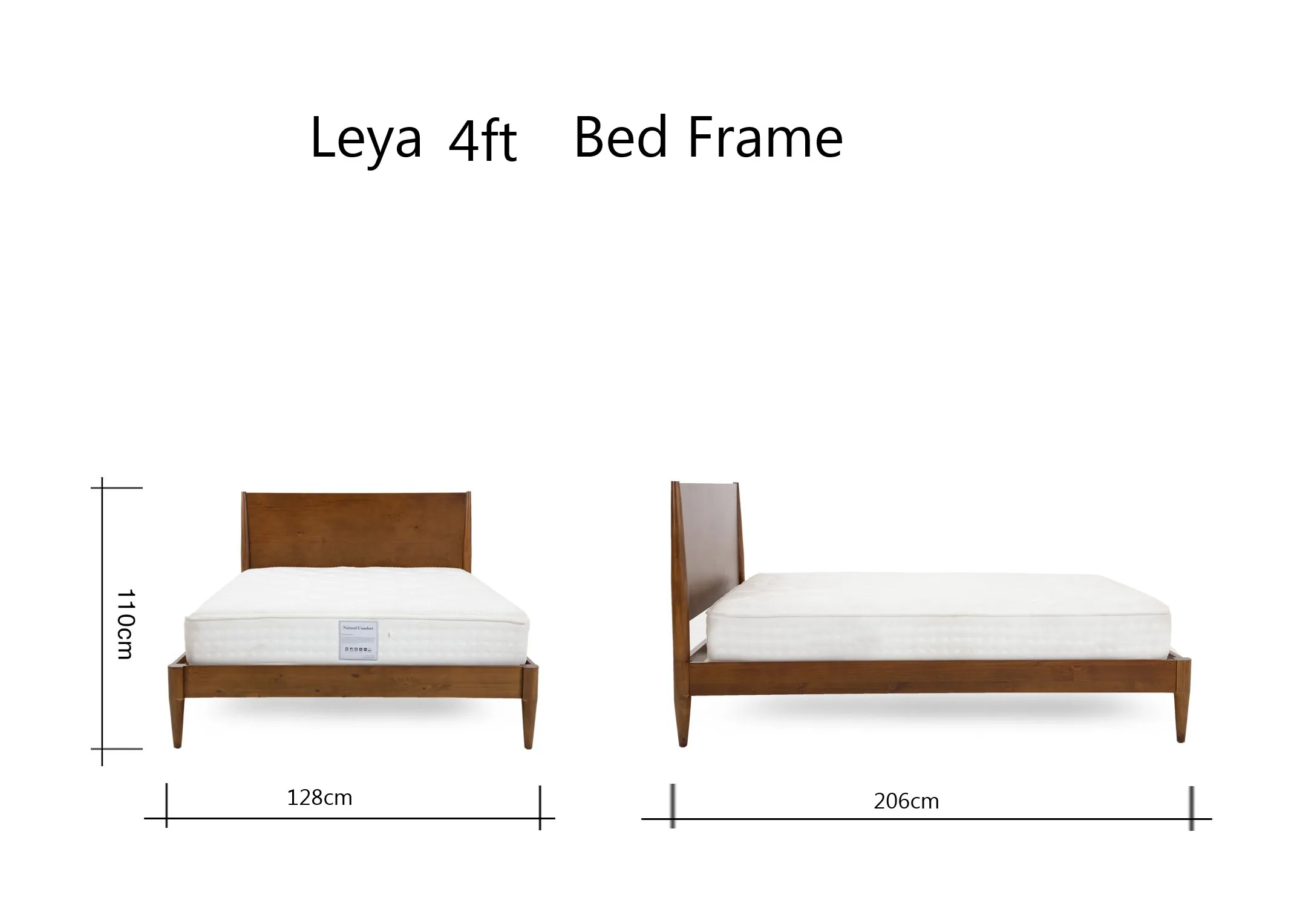 A dimension image of the Leya 4ft Bedframe with 128cm x 206cm x 110cm