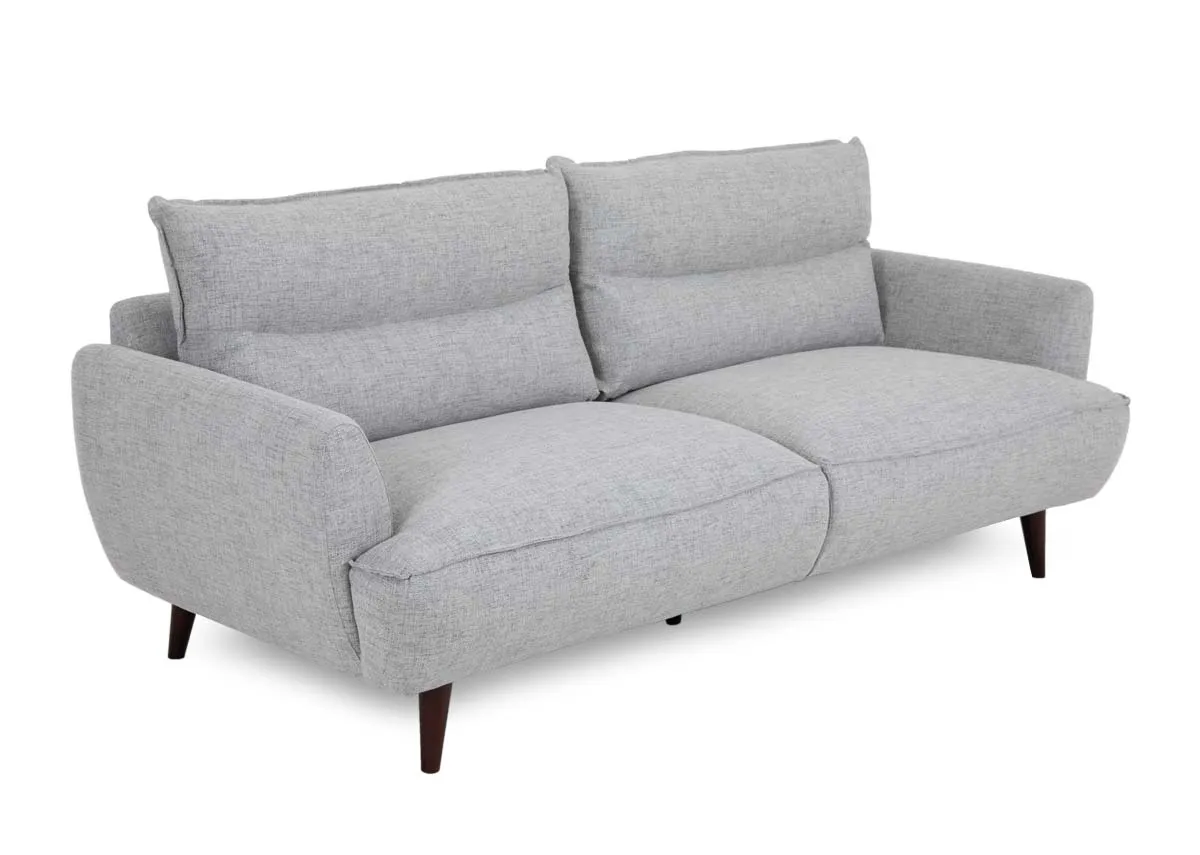 A 2.5 seater silver fabric sofa from EZ Livings Marlyn range. Angled view of the foam seat and back cushions.