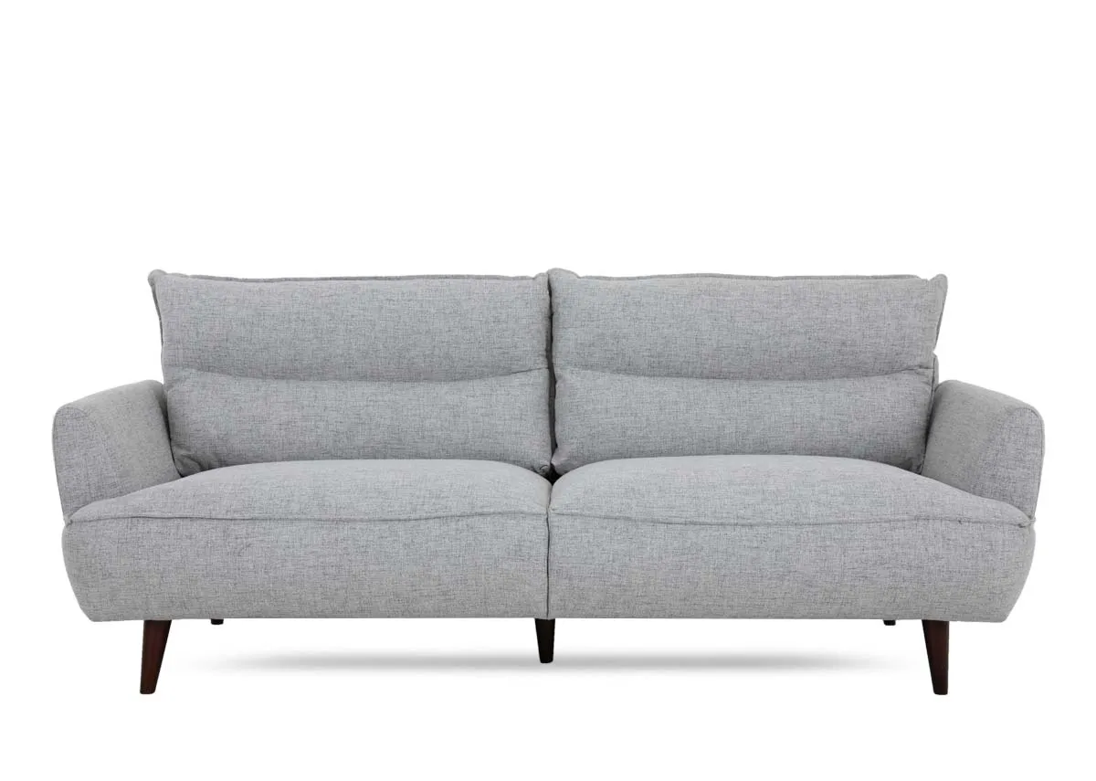 A 2.5 seater silver fabric sofa from EZ Livings Marlyn range. Front view of dark wood feet