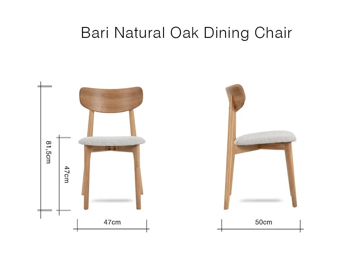 A dimension image of the Bari Oak Dining Chair with 47cm x 50cm x 81.5cm