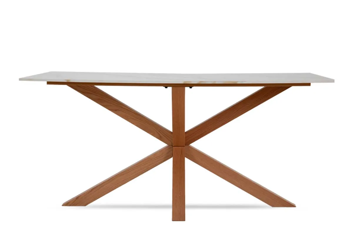 A rectangular melamine top dining tabel with oak legs from EZ Livings Ravello range.Front view