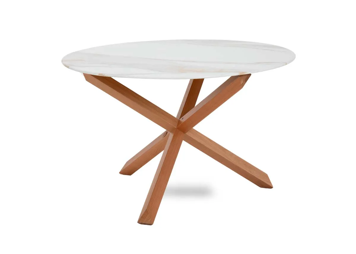 A round melamine top dining table with oak legs from EZ Livings Ravello range.