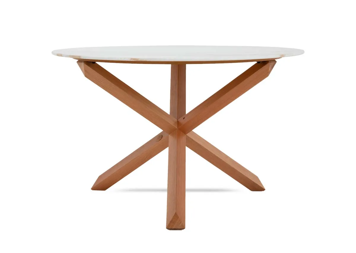 A round melamine top dining table with oak legs from EZ Livings Ravello range.Front view