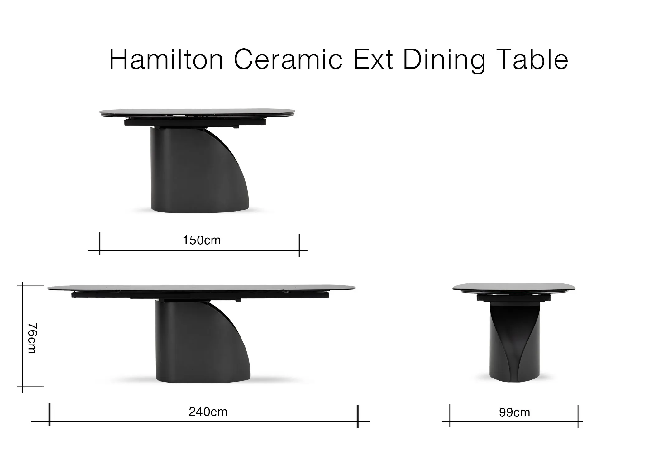 A dimension image of the Hamilton Dining Table with 150cm - 240cm x 96cm