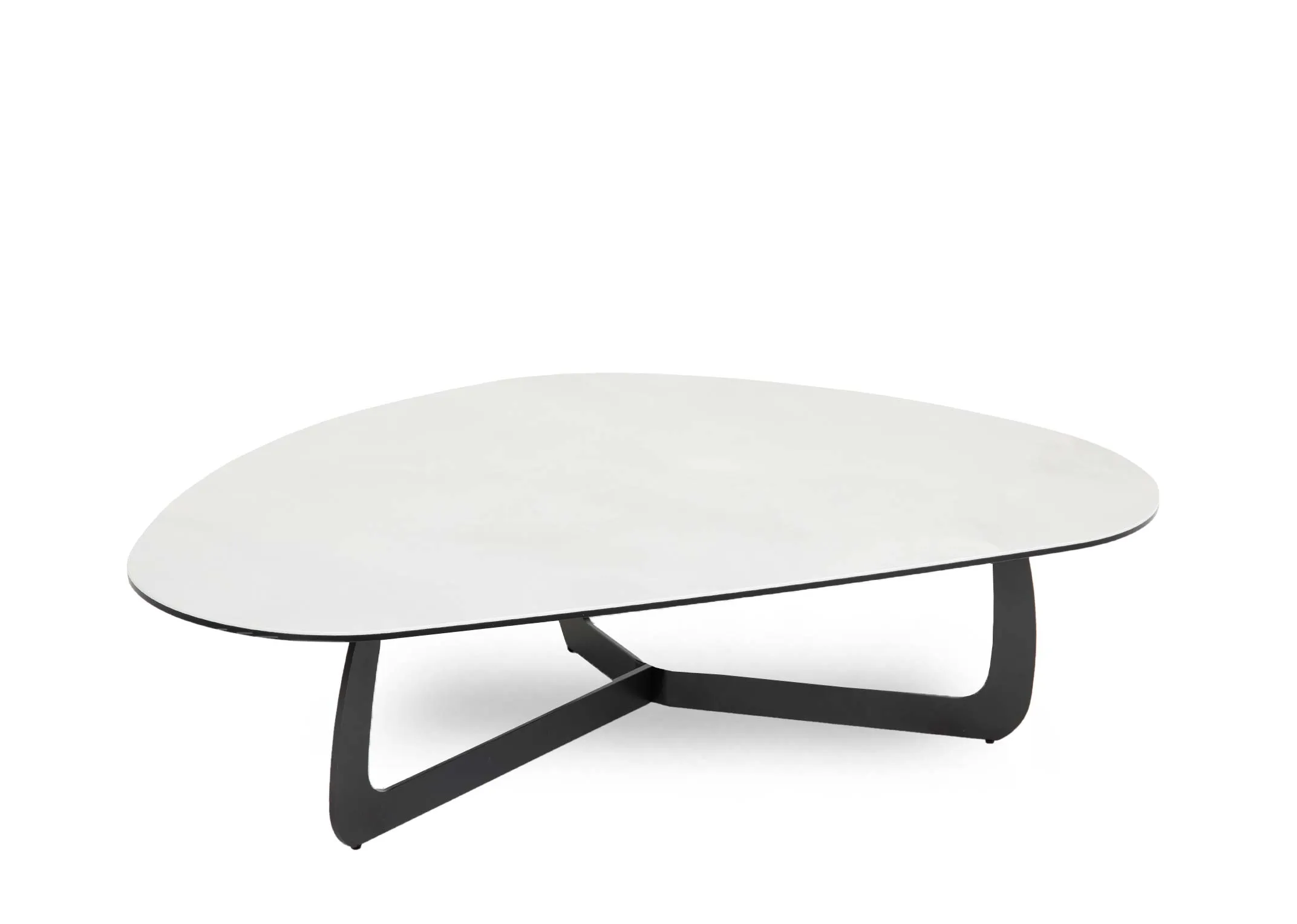 An off white oblong shaped coffee table with black legs from EZ Livings Sheraton range. Angled view.
