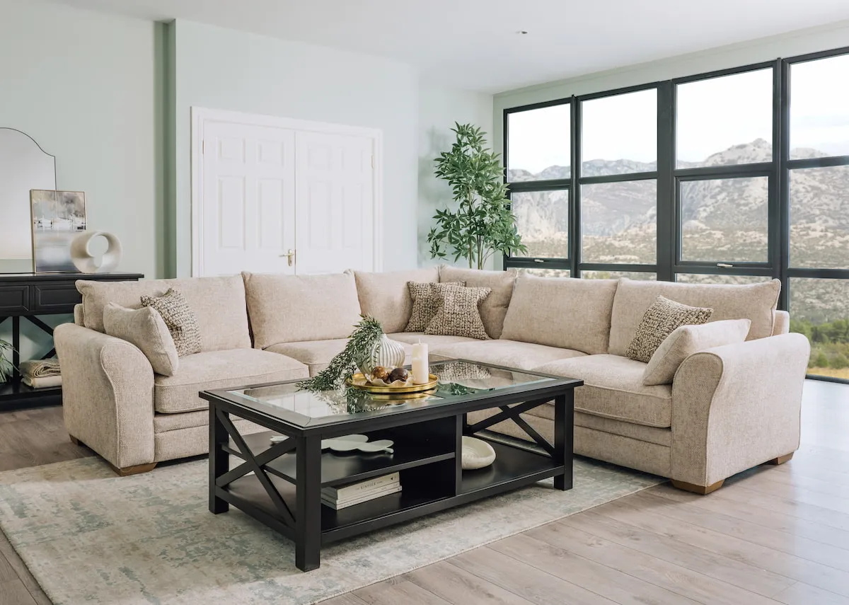 A lifestyle image of the Skyline corner sofa with the Hampton coffee table